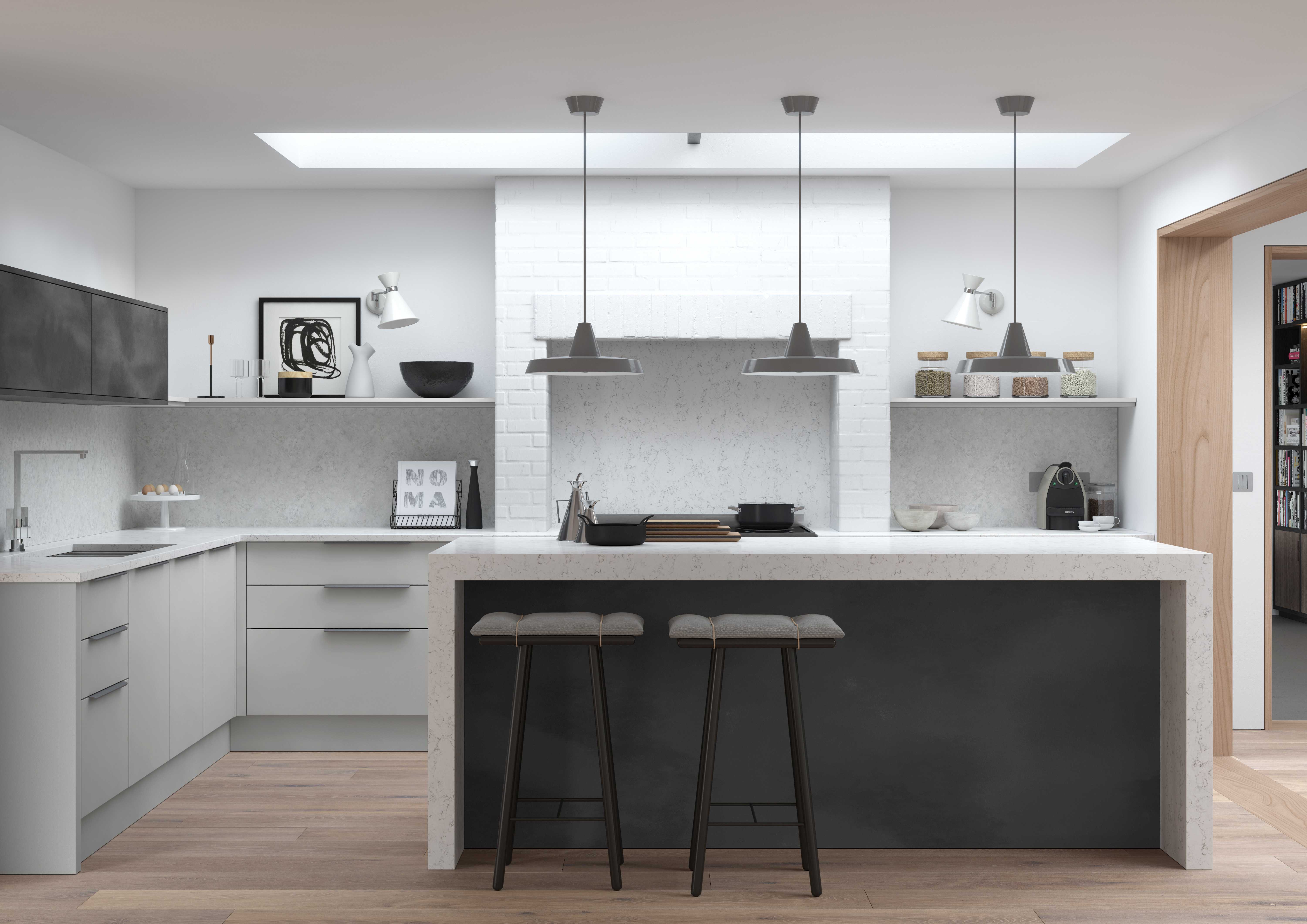 Matt light grey modern style kitchen with black steel look kitchen island