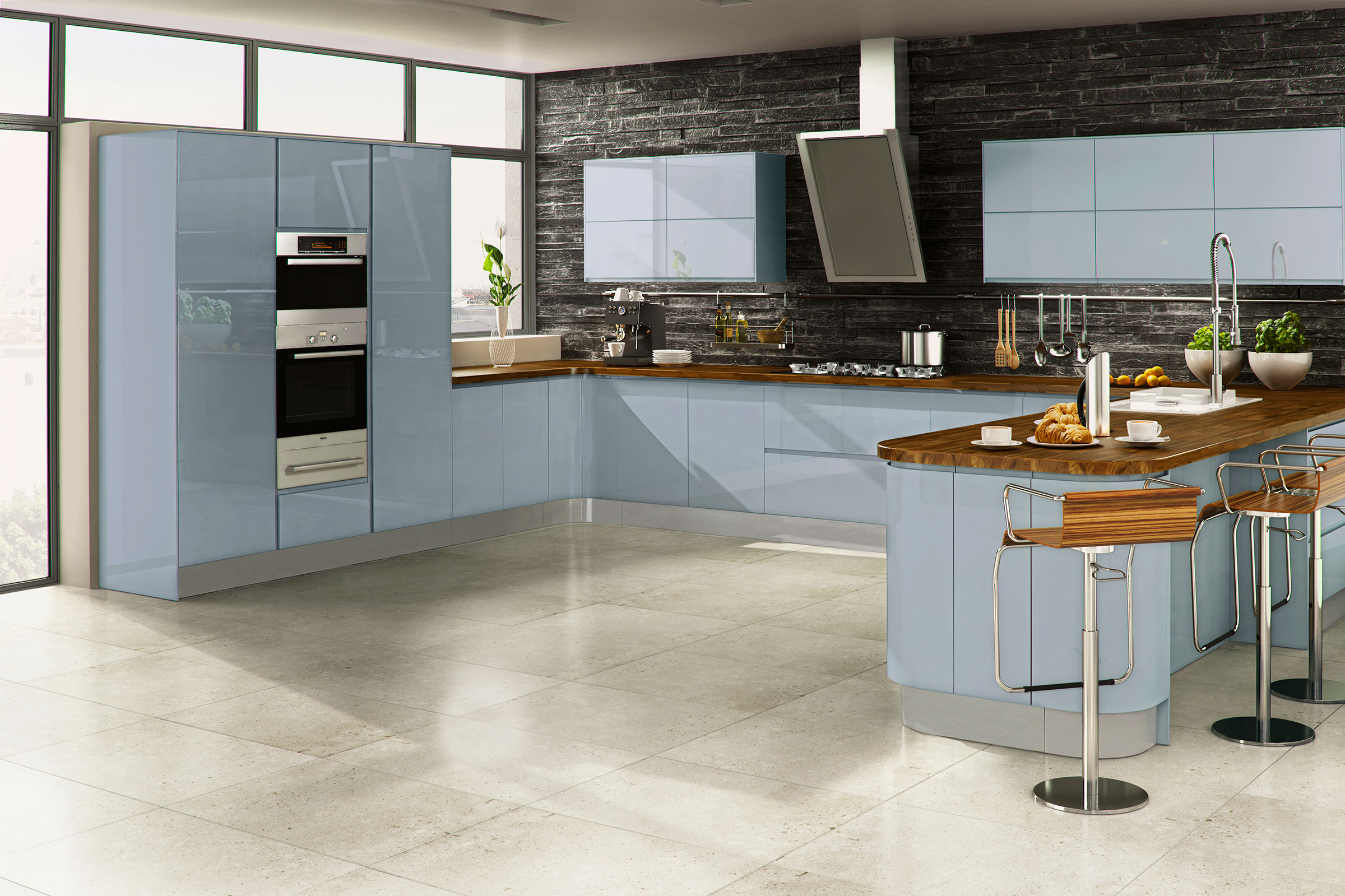Modern high gloss kitchen - Sky blue units and rish wood worktops