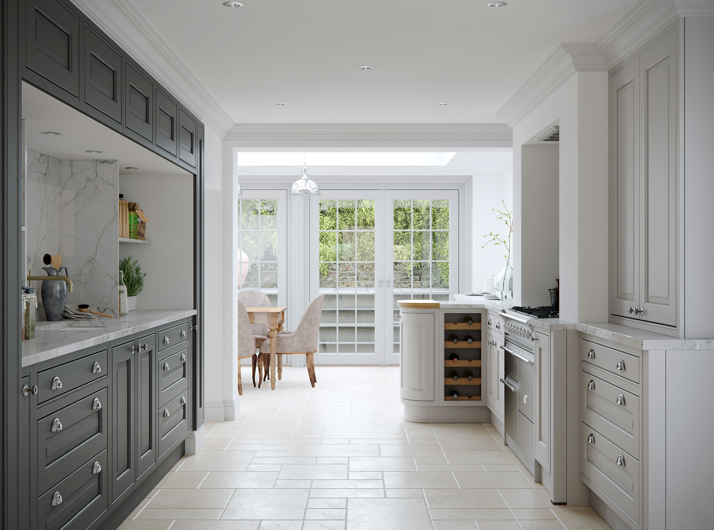 Traditional in-frame bespoke painted ash door kitchen grey units marble worktops