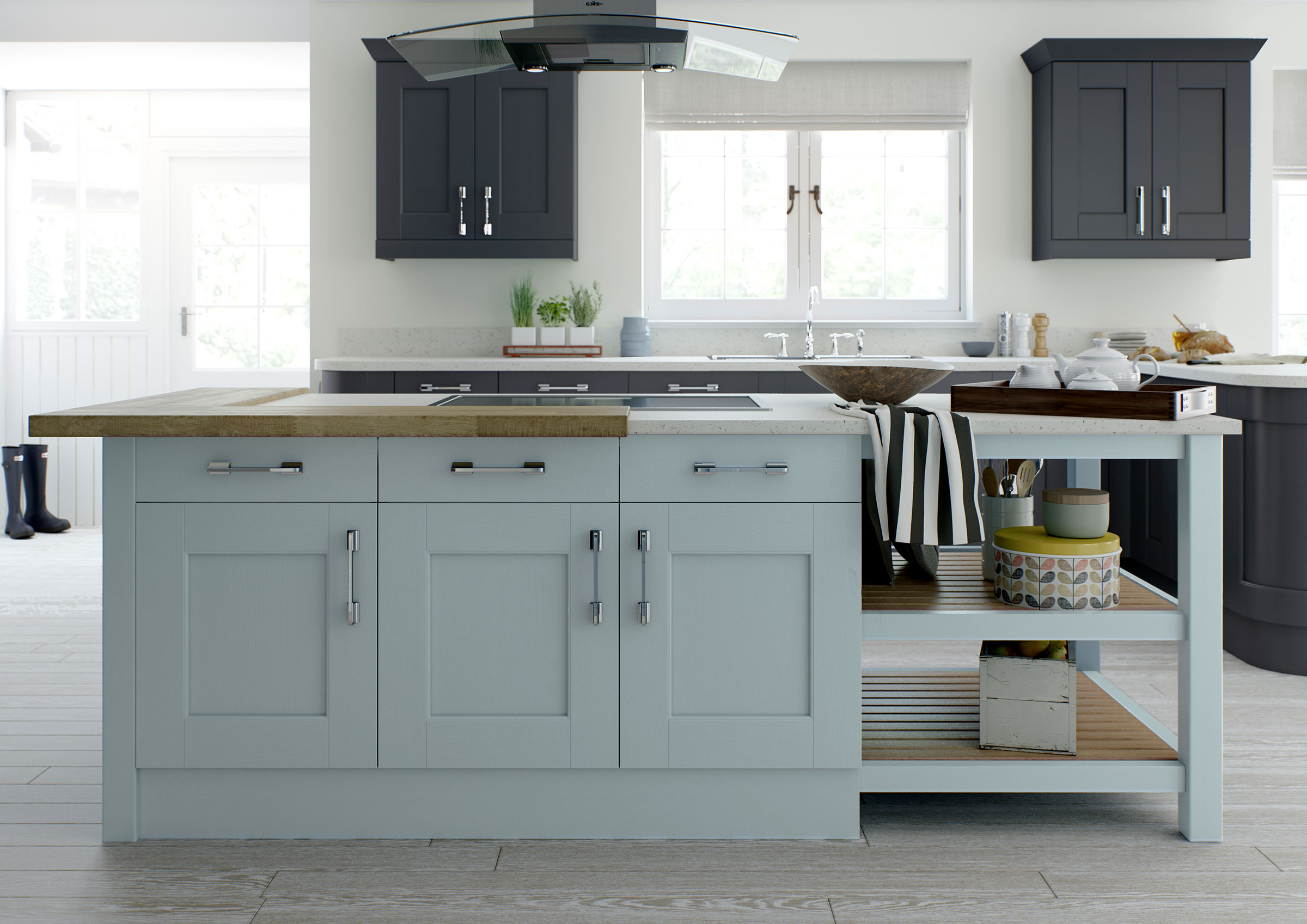Contemporary shaker kitchen painted in mineral blue and slate grey with quartz and wood worktops