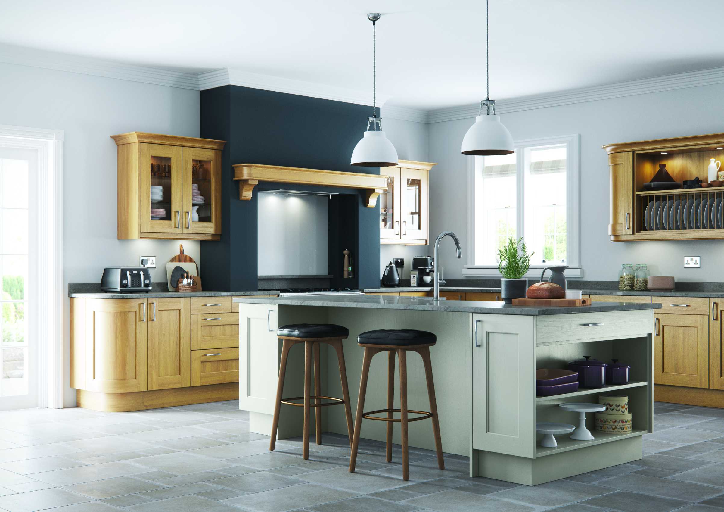 Light oak and stone painted contemporary shaker kitchen full view