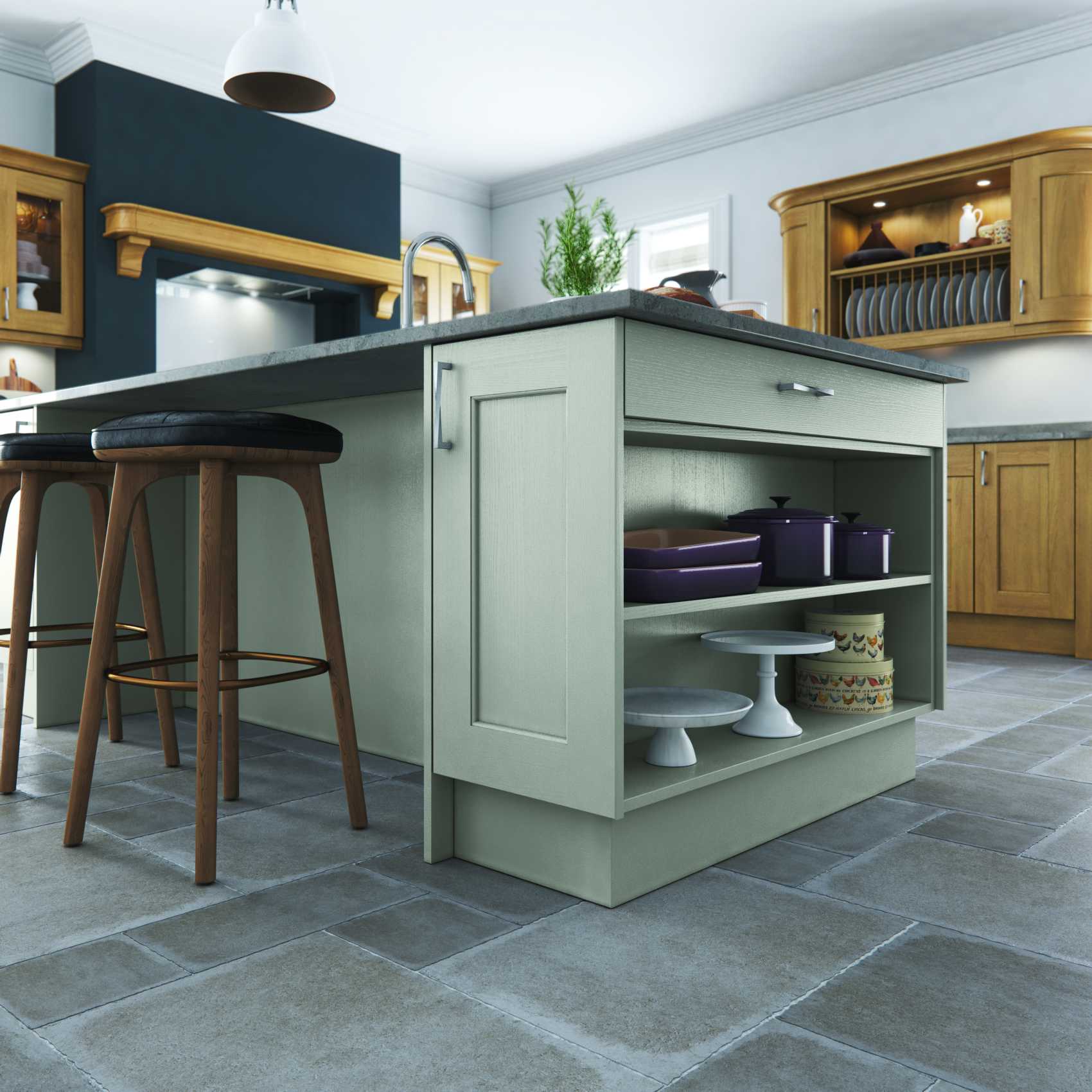 Light oak and stone painted contemporary shaker kitchen island detail