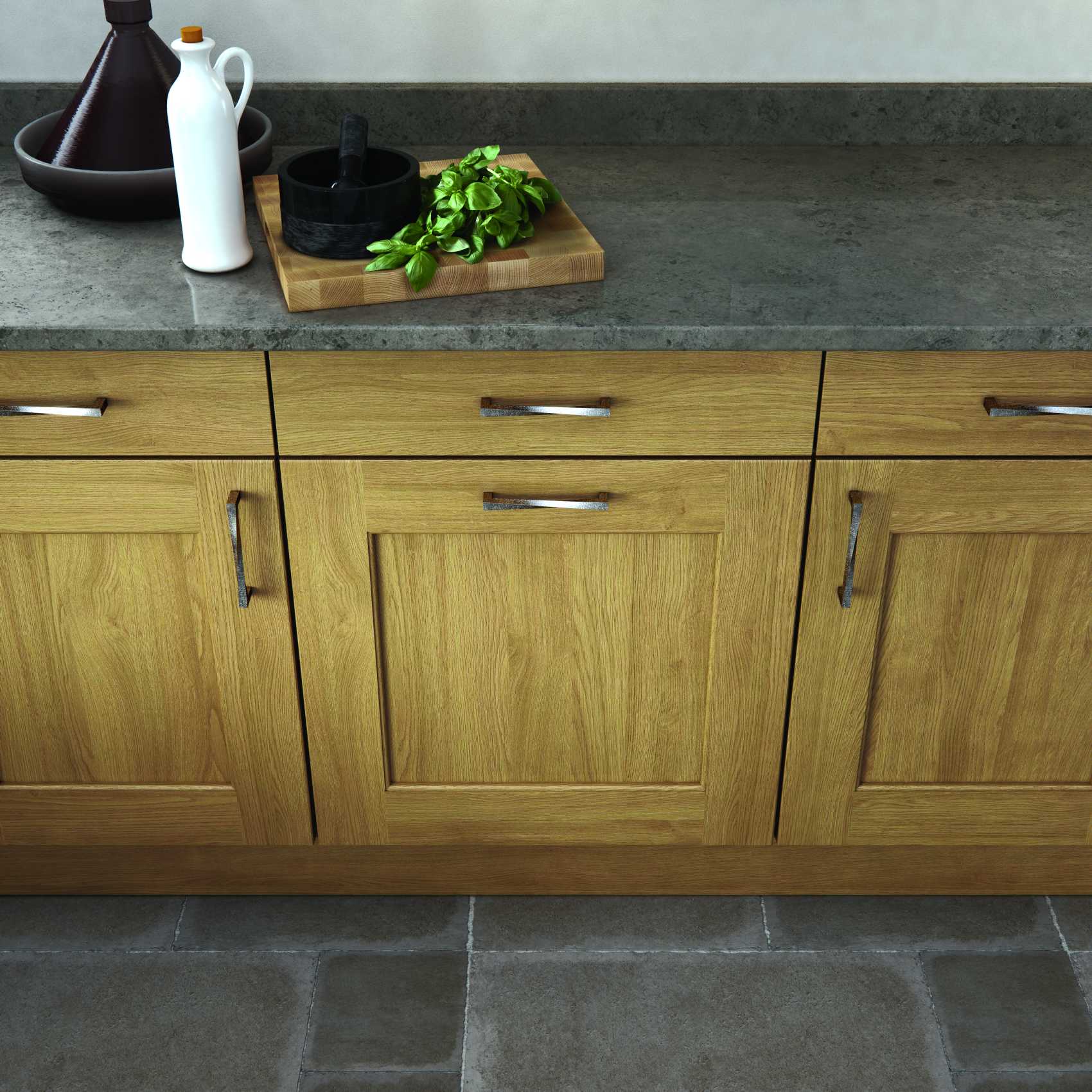 Light oak and stone painted contemporary shaker kitchen handle and worktop detail