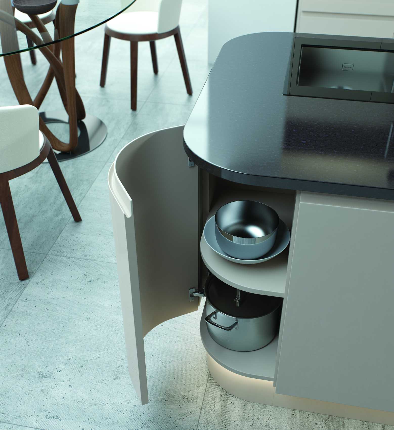 gloss cashmere j profile handleless kitchen corner island detail