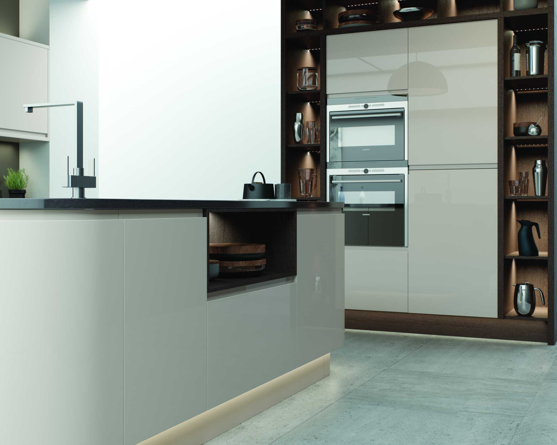 Cashmere Gloss Handleless Modern Kitchen | OG Kitchens