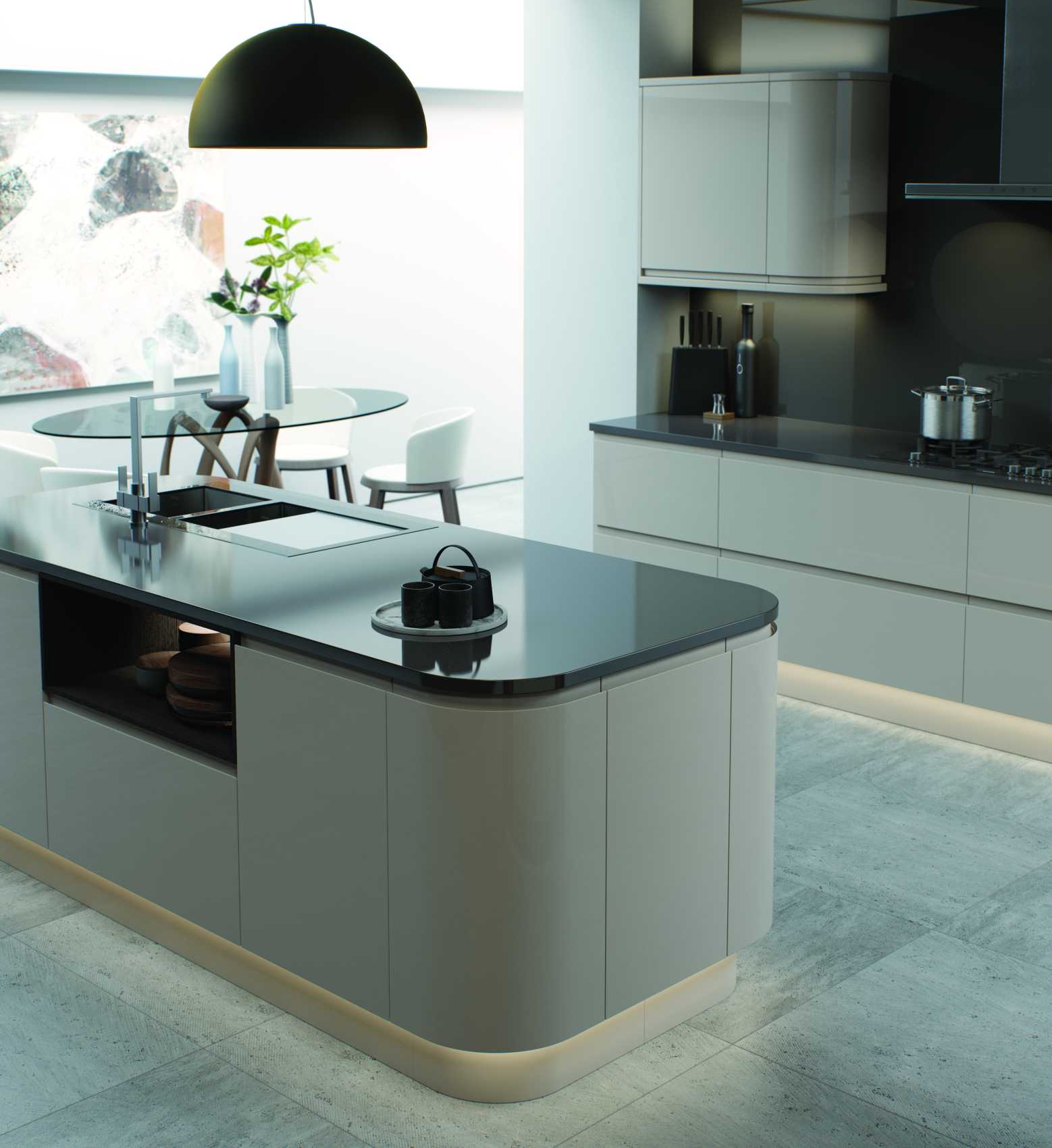 gloss cashmere j profile handleless kitchen island worktop