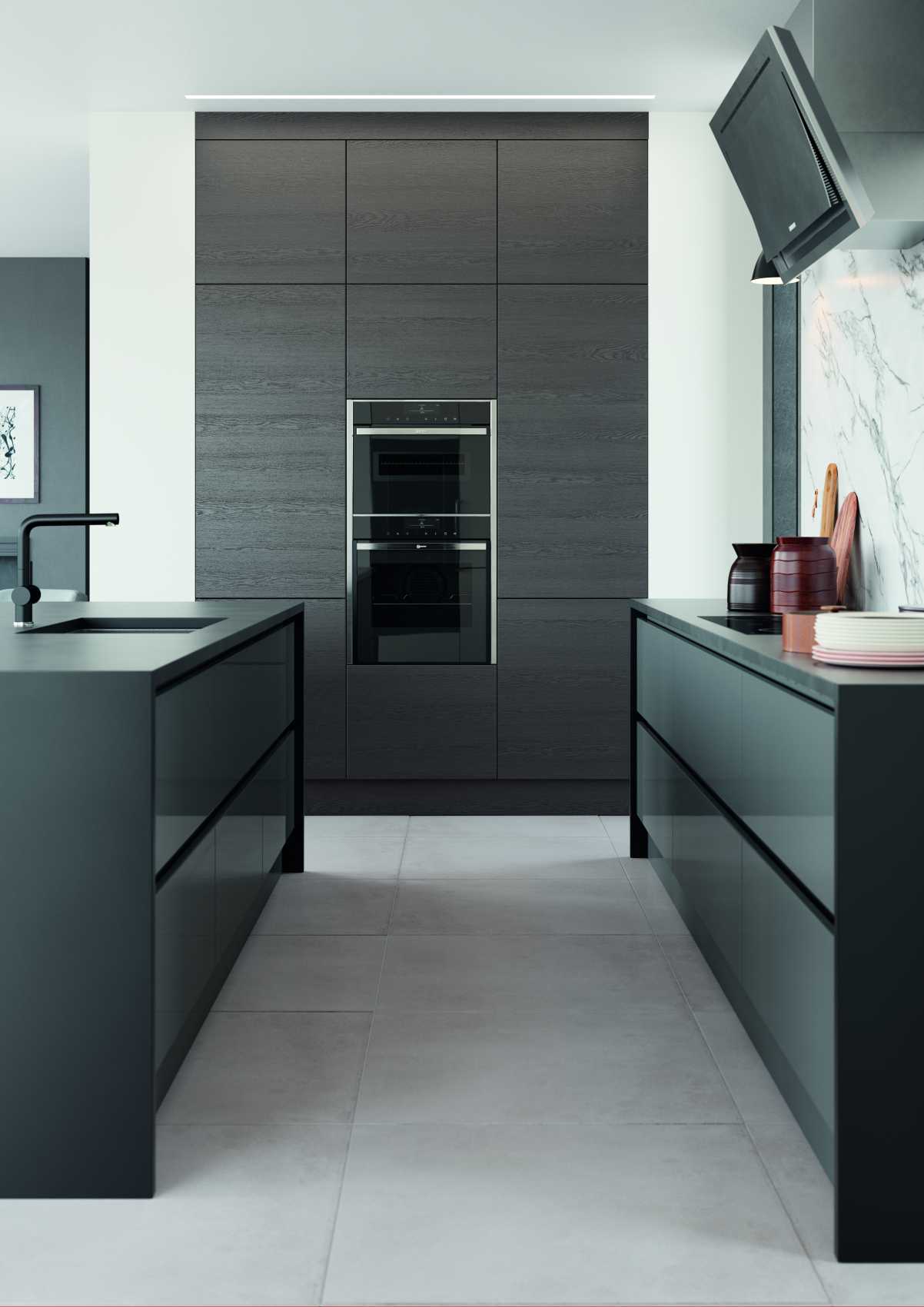 gloss dust grey and cashmere handleless modern kitchen cooking space