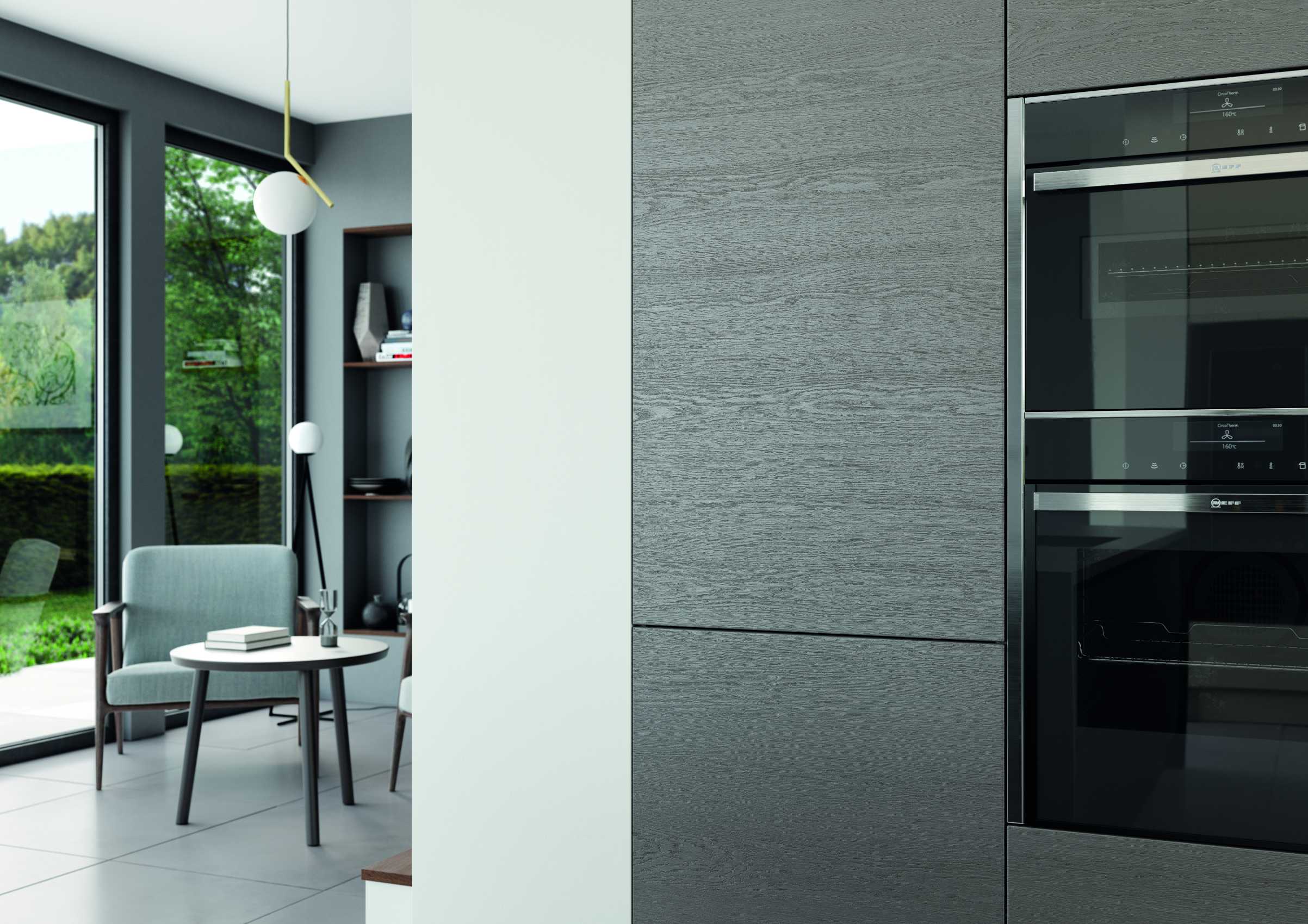 gloss dust grey and cashmere handleless modern kitchen oven and cupboard door