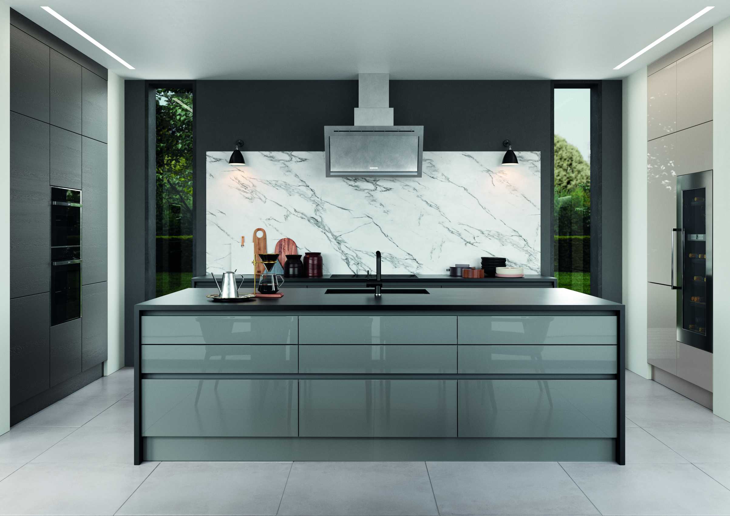 gloss dust grey and cashmere handleless modern kitchen complete