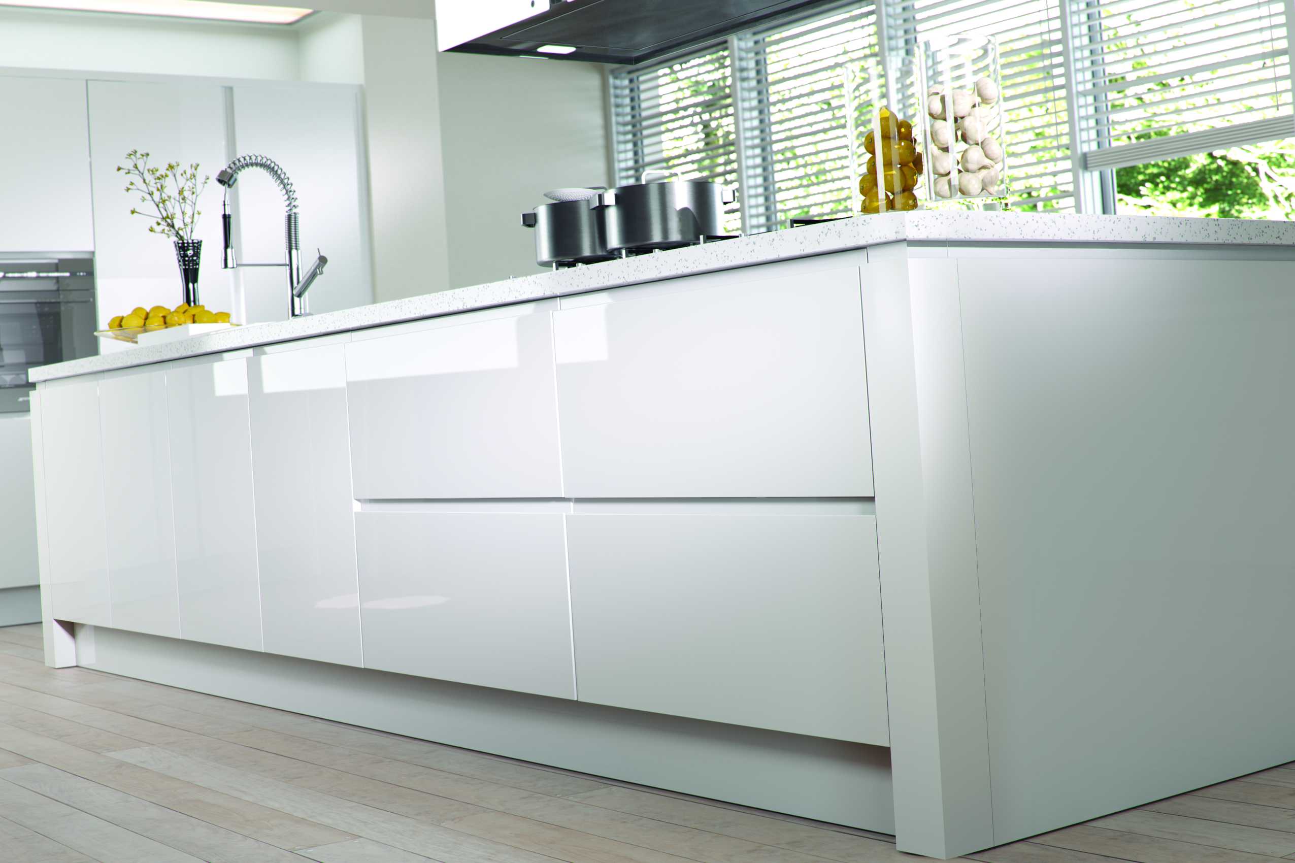 gloss white handleless modern kitchen island