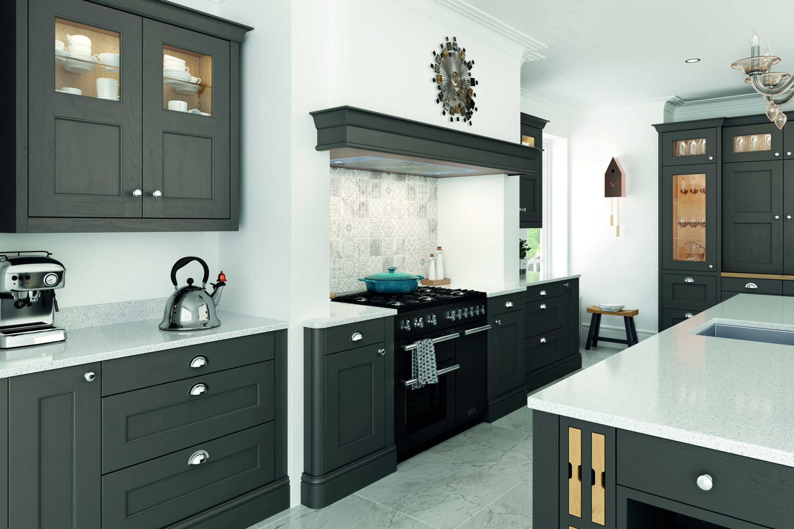 lava grey painted contemporary shaker kitchen cooking area