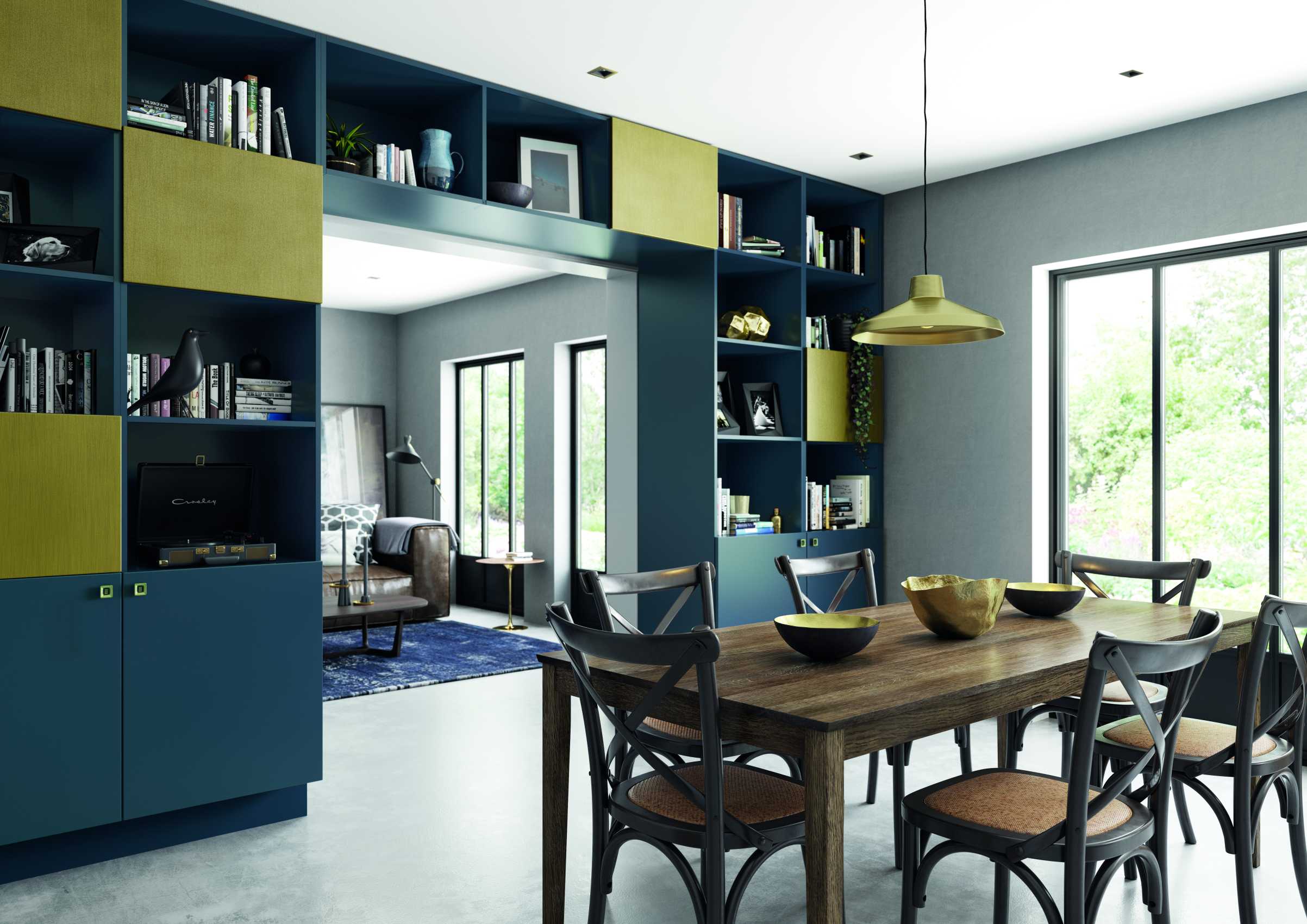 matte blue and brass modern kitchen dining space