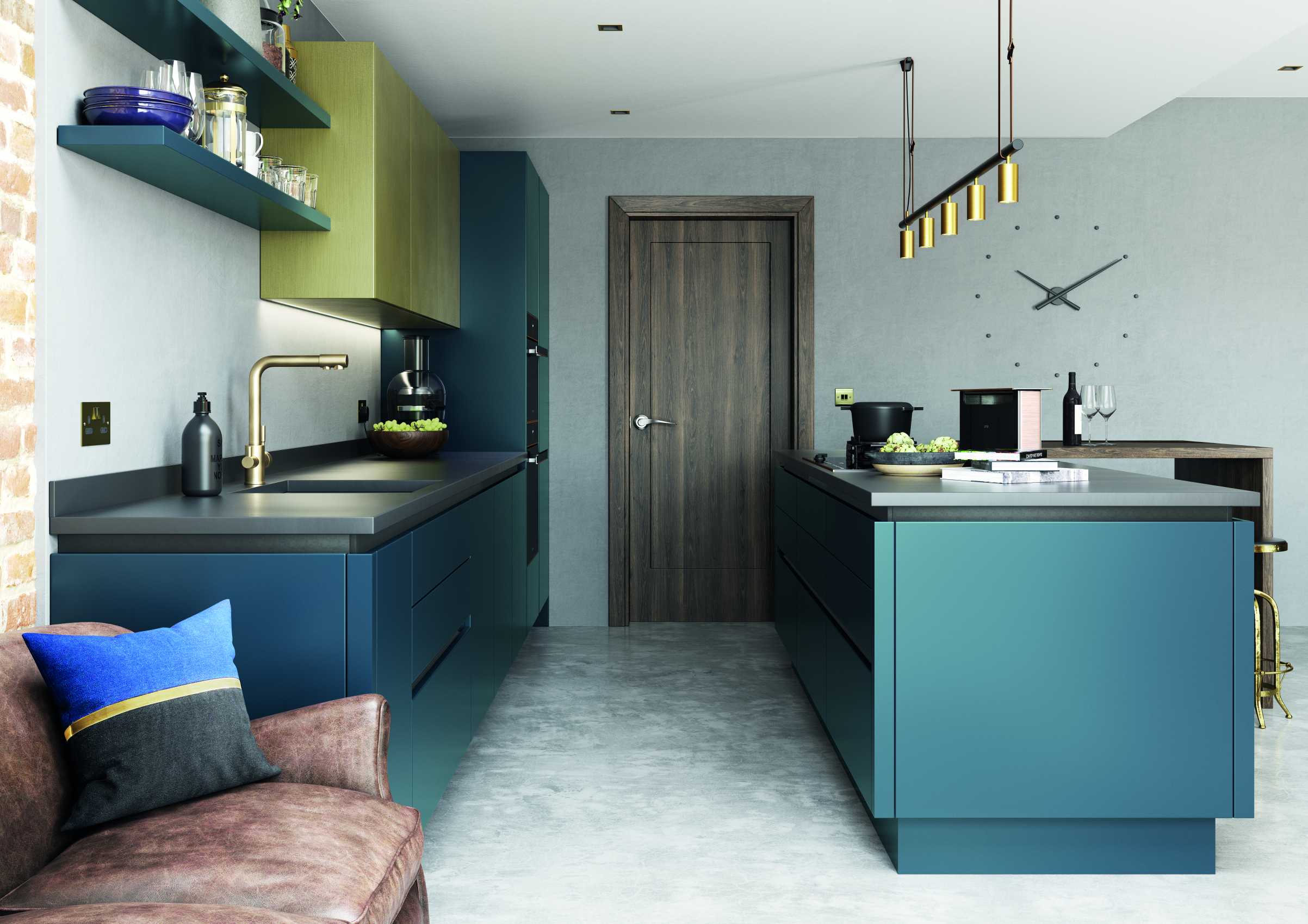matte blue and brass modern kitchen cooking space and worktops