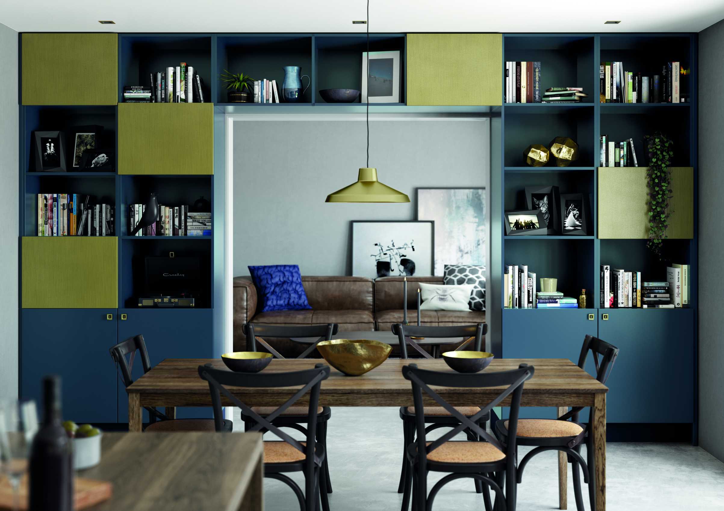 matte blue and brass modern kitchen living space