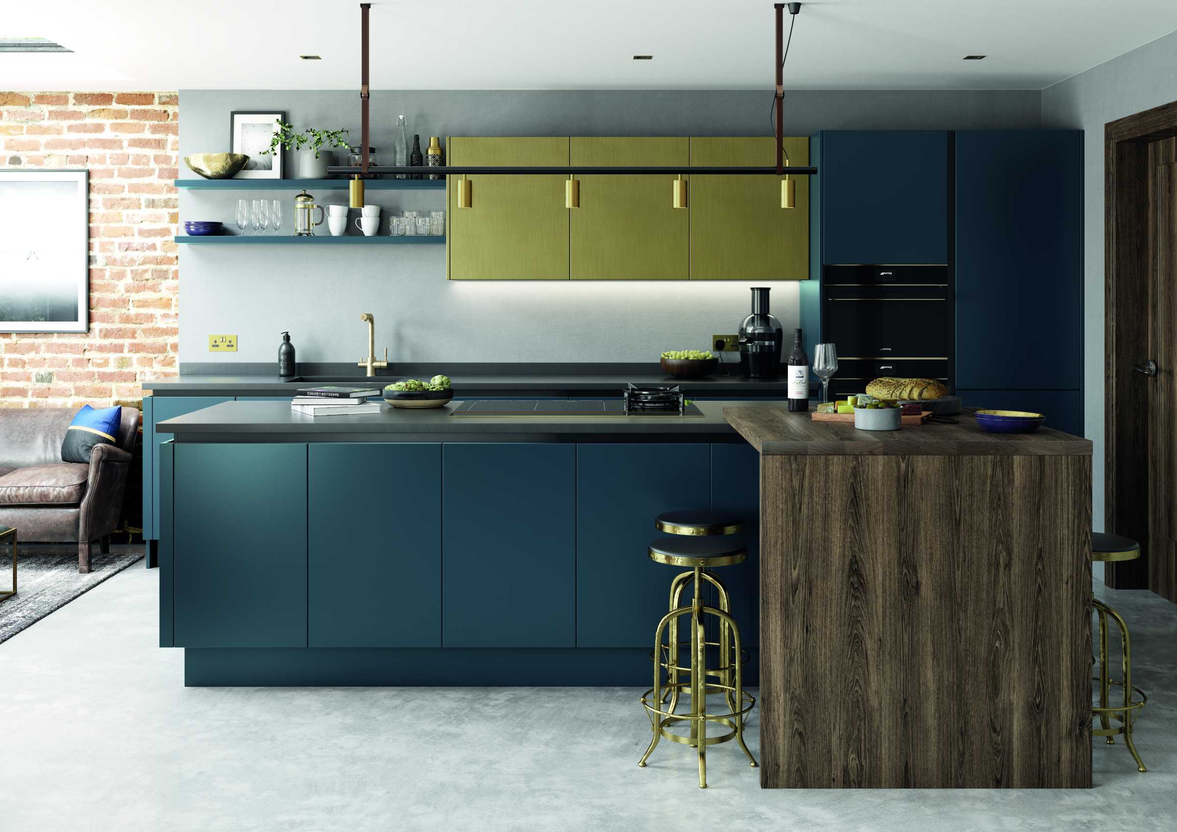 matte blue and brass modern kitchen face view