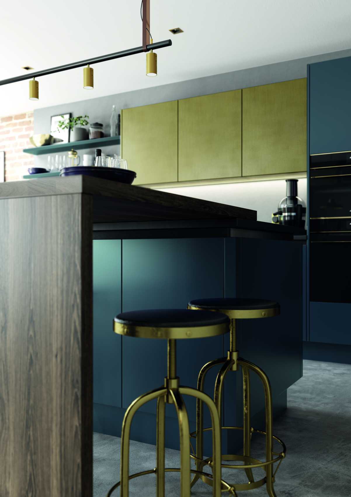 matte blue and brass modern kitchen breakfast bar