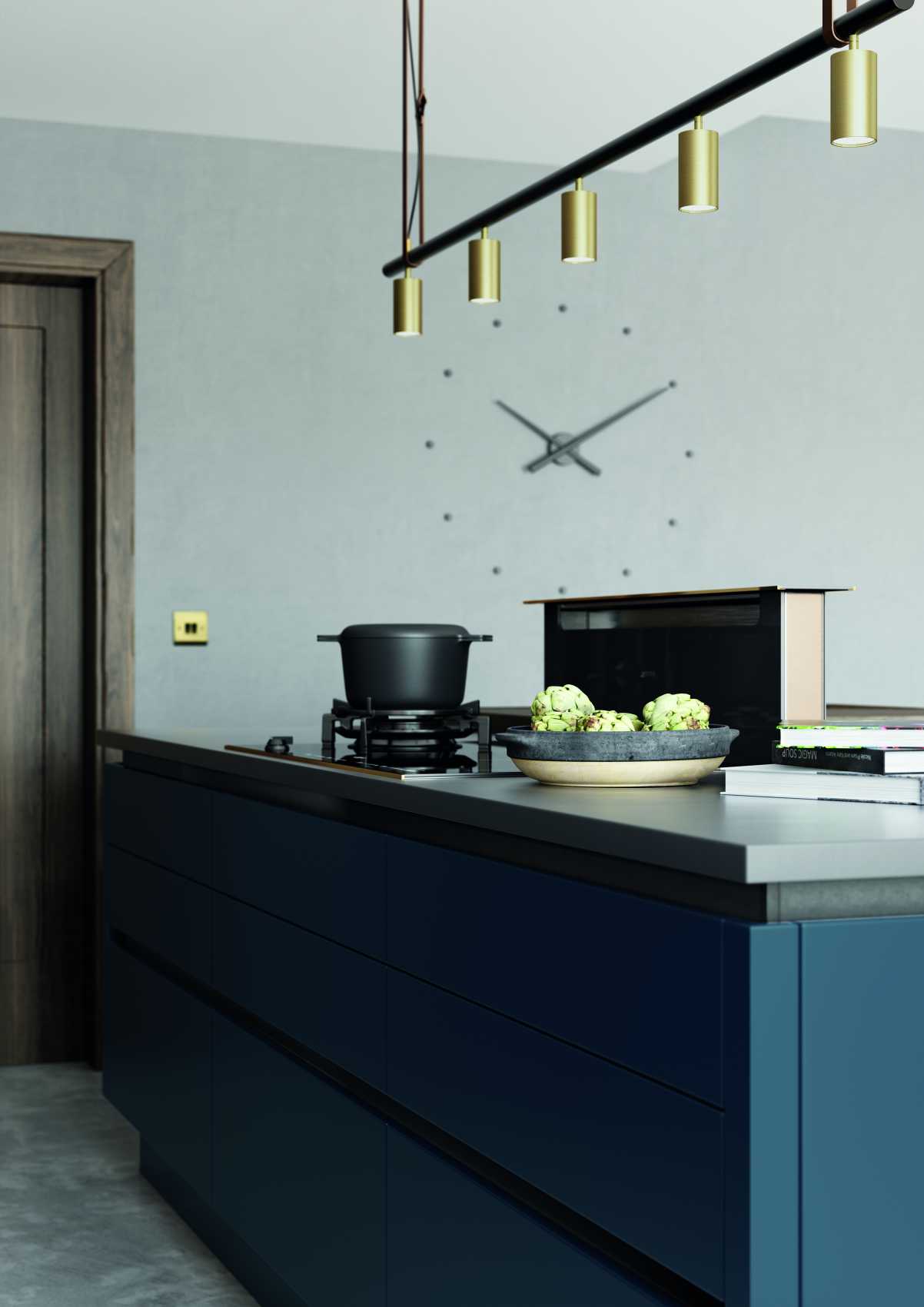 matte blue and brass modern kitchen worktop hob
