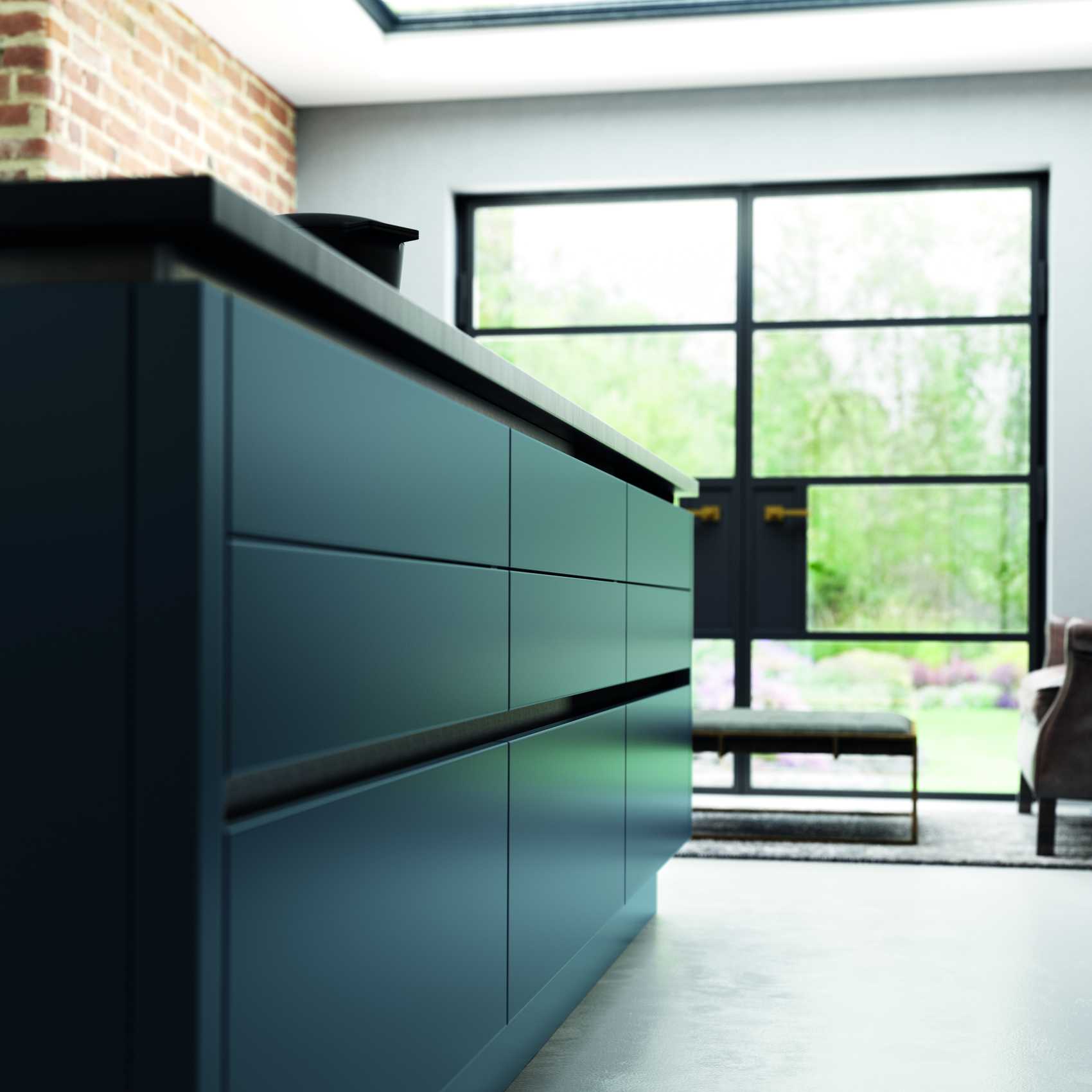 matte blue and brass modern kitchen doors and storage