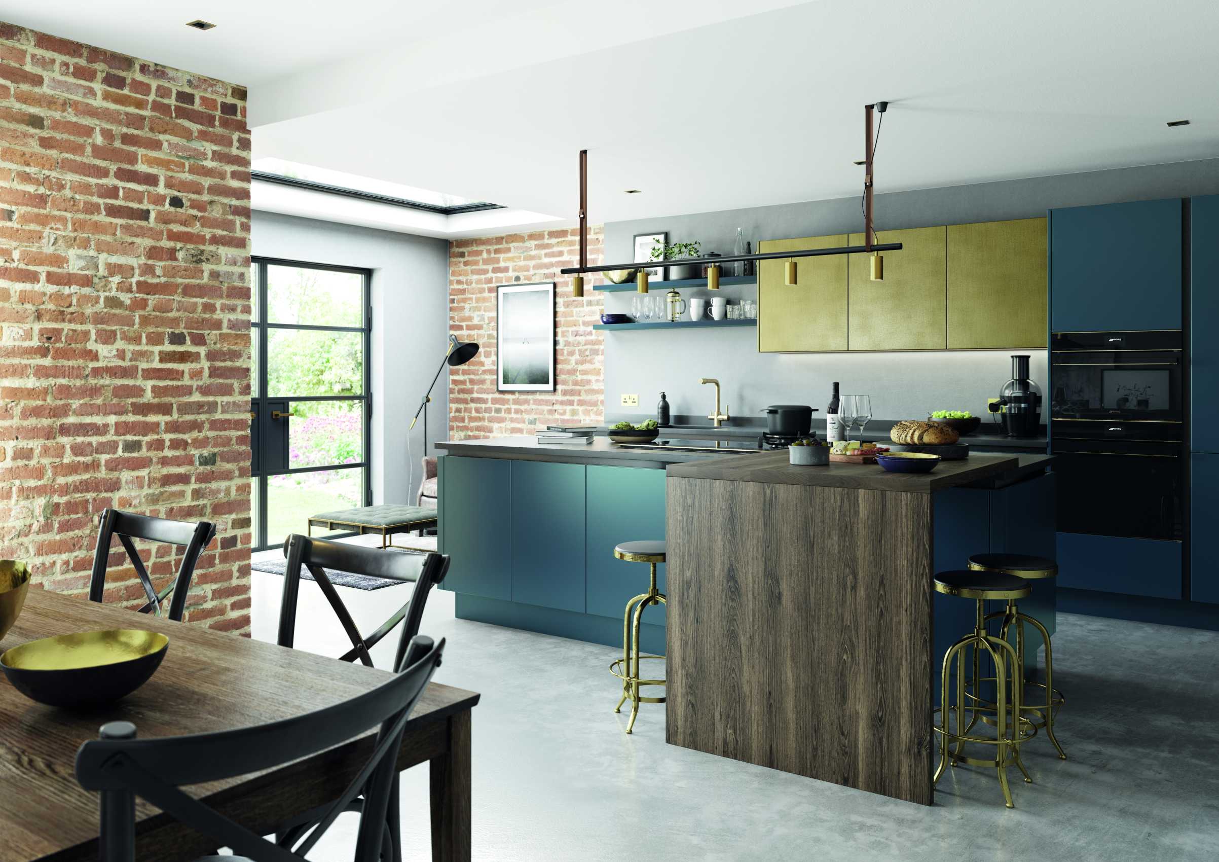 matte blue and brass modern kitchen complete