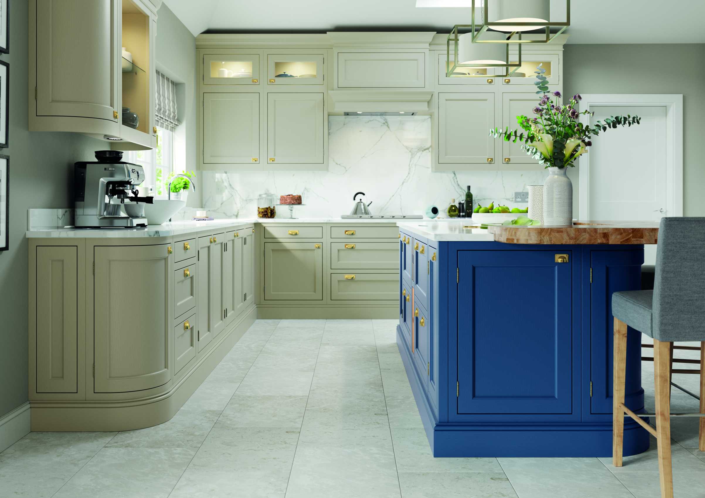 Parisian blue and stone in-frame contemporary shaker kitchen side view