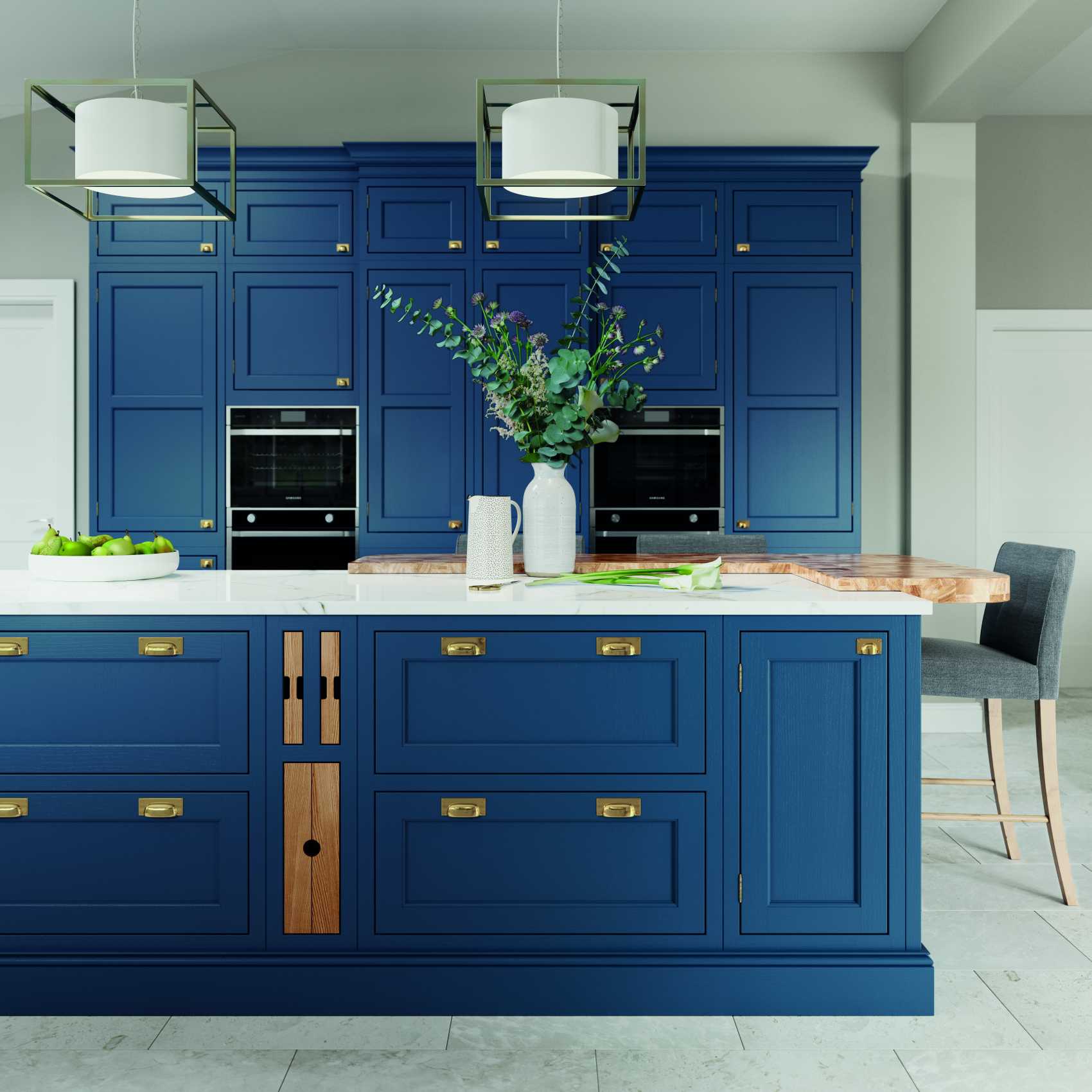 Parisian blue and stone in-frame contemporary shaker kitchen island view