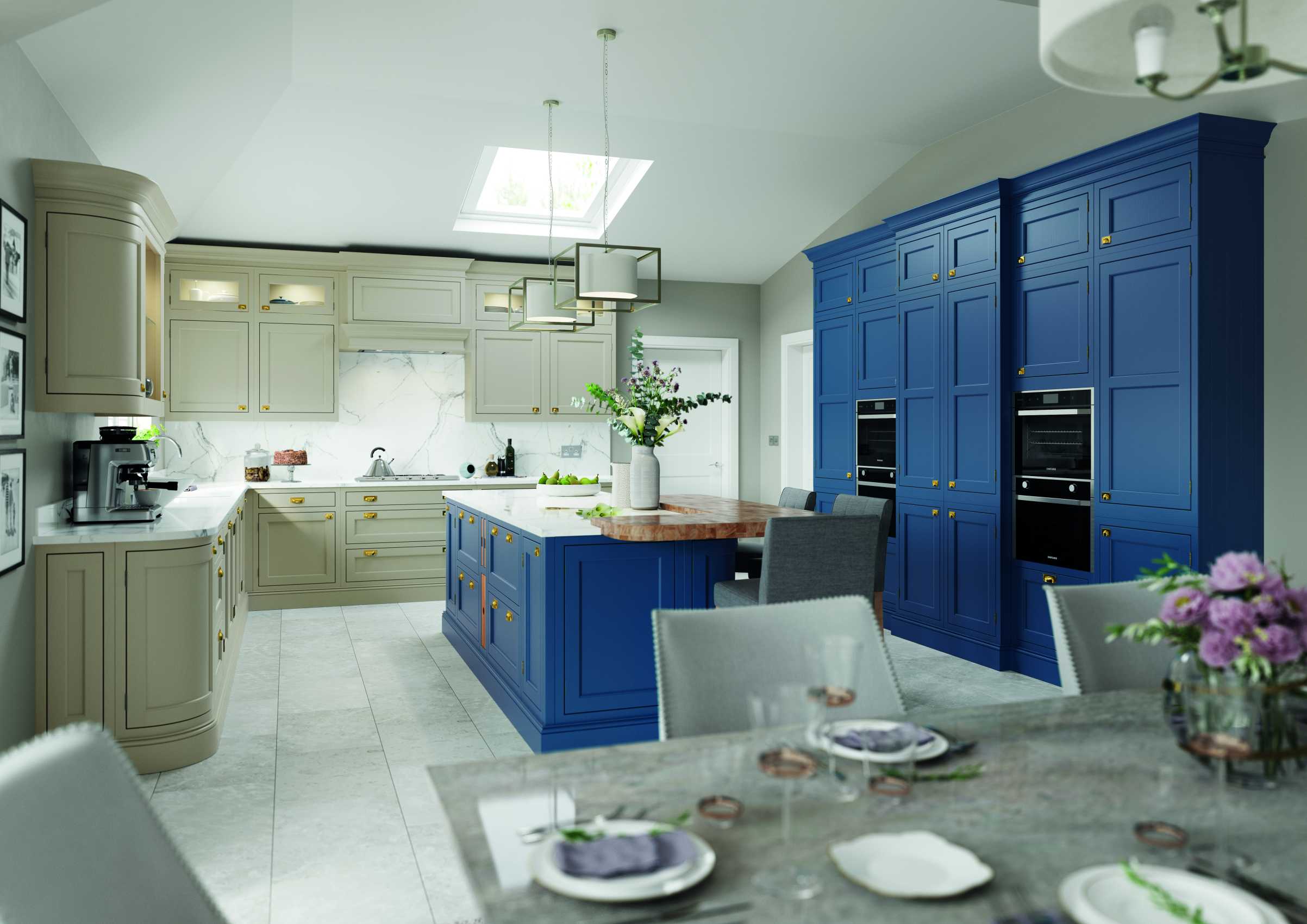 Parisian blue and stone in-frame contemporary shaker kitchen full view