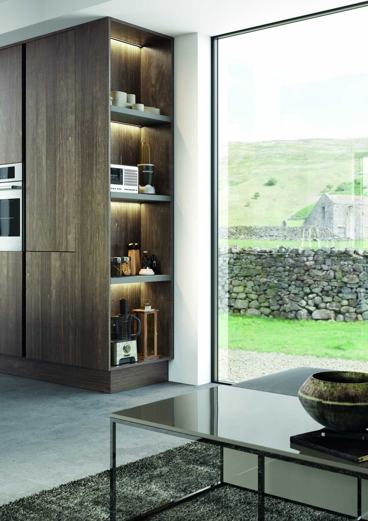 modern handleless kitchen metalic and oak finish tall cabinets