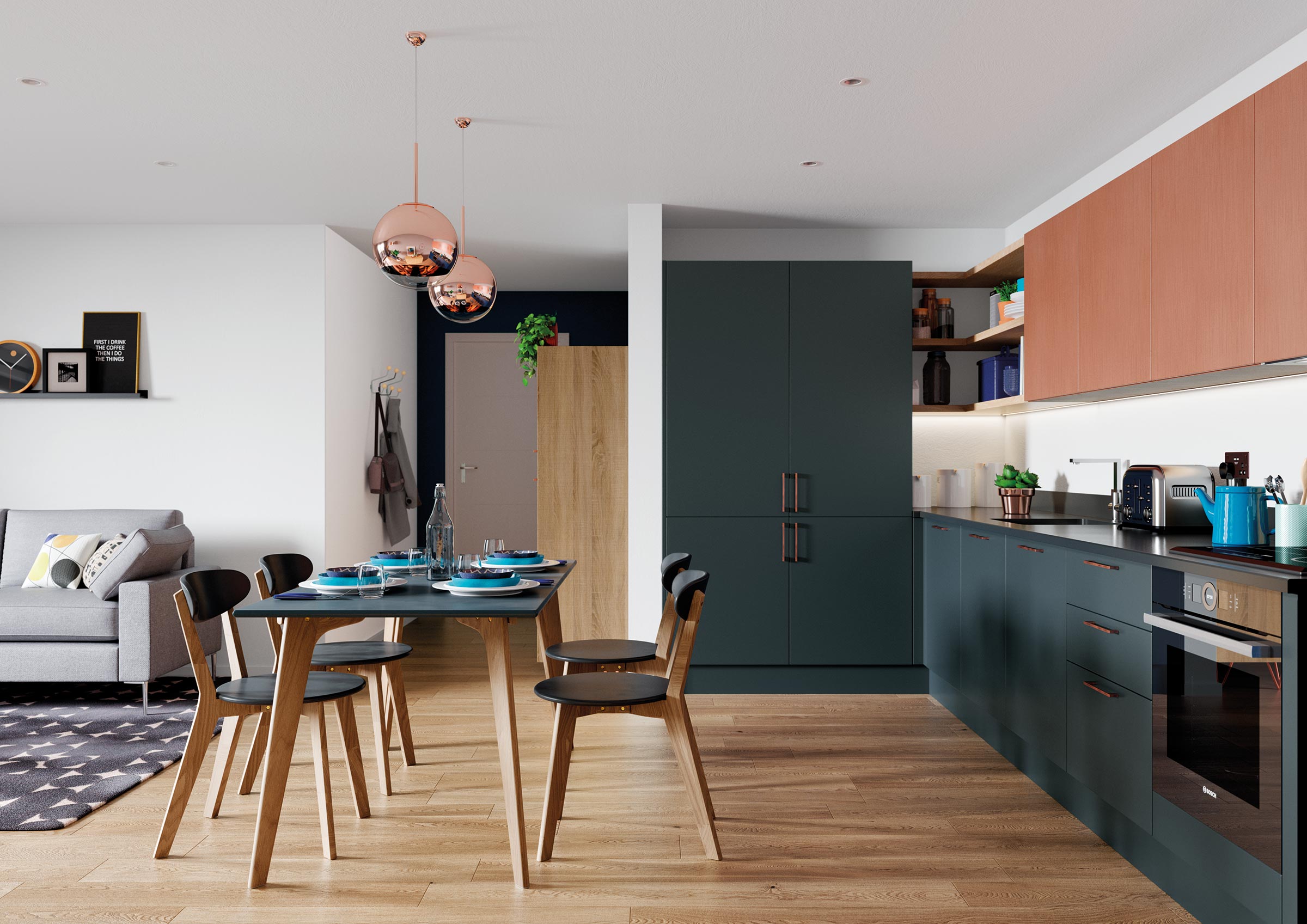 Side view of modern matte finish kitchen in marine and ferro copper colours