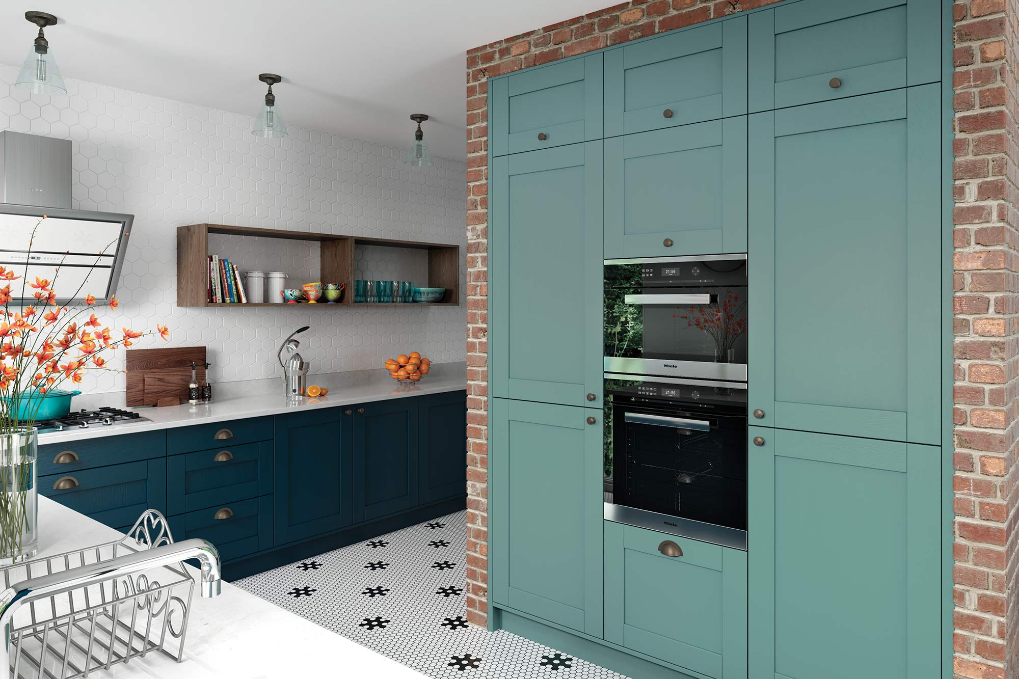 Contemporary style shaker kitchen in marine blue and teal green main picture