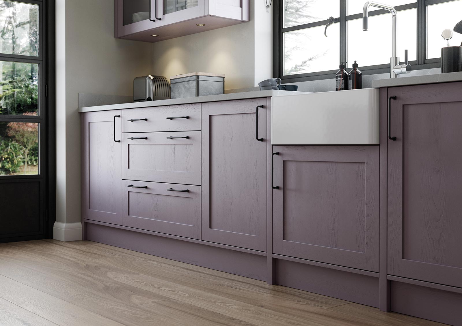 Contemporary skinny shaker door kitchen painted deep heather lavendar grey belfast sink view