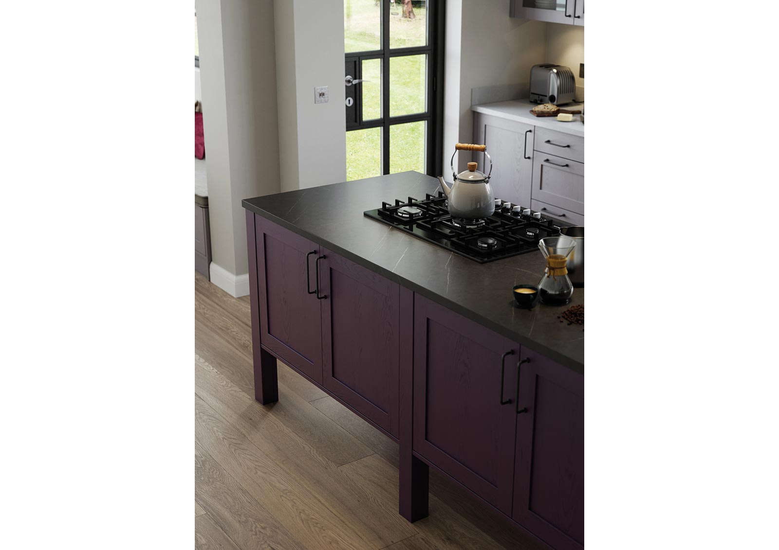 Contemporary skinny shaker door kitchen painted deep heather lavendar grey island shot