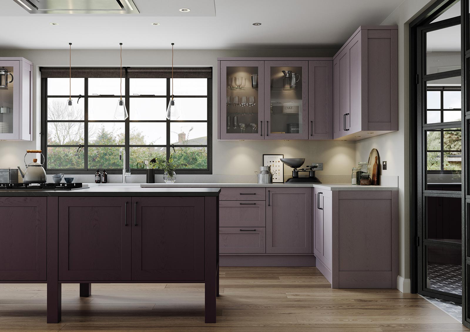 Contemporary skinny shaker door kitchen painted deep heather lavendar grey shot 2