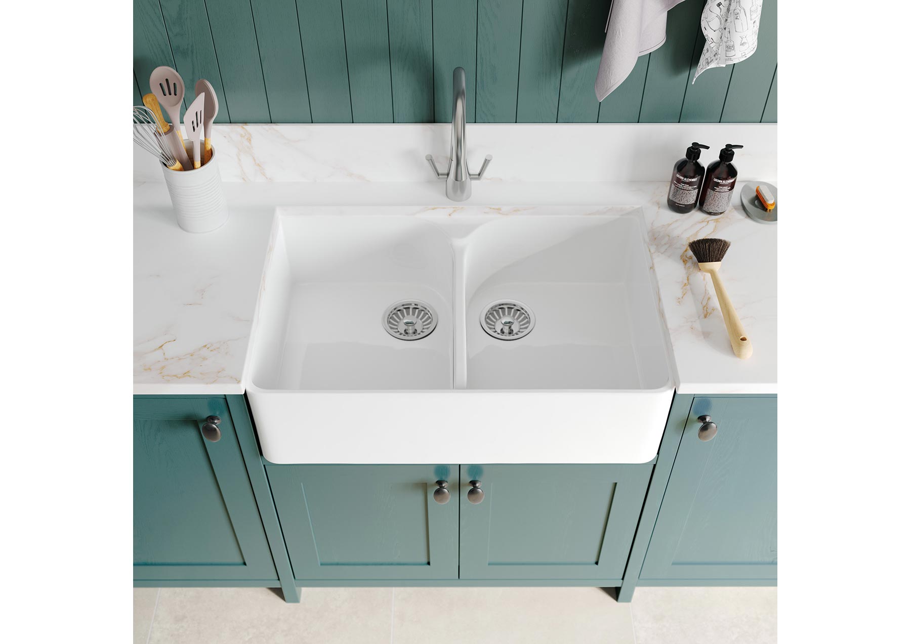 Contemporary two bowl belfast sink in shaker style kitchen