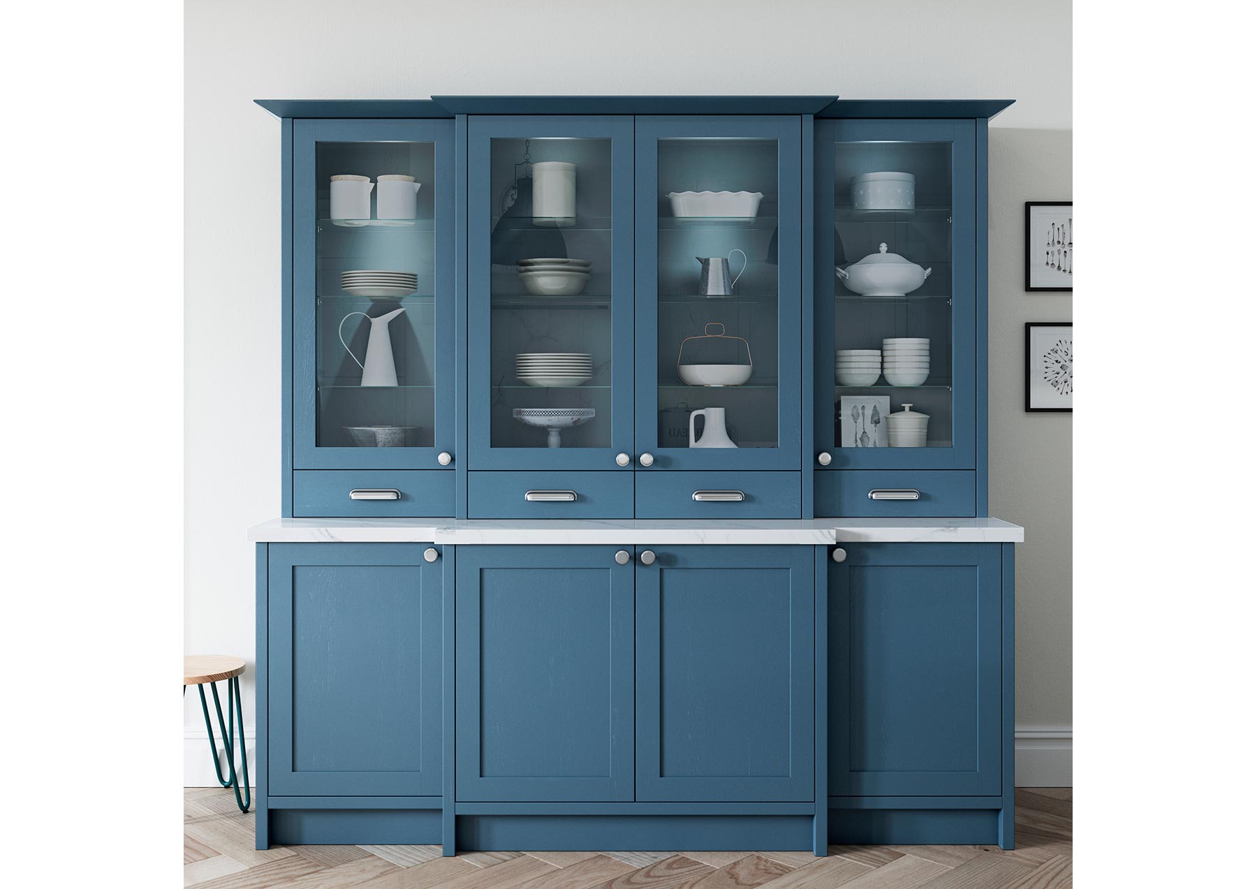 Skinny contemporary style shaker kitchen dresser painted airforce blue