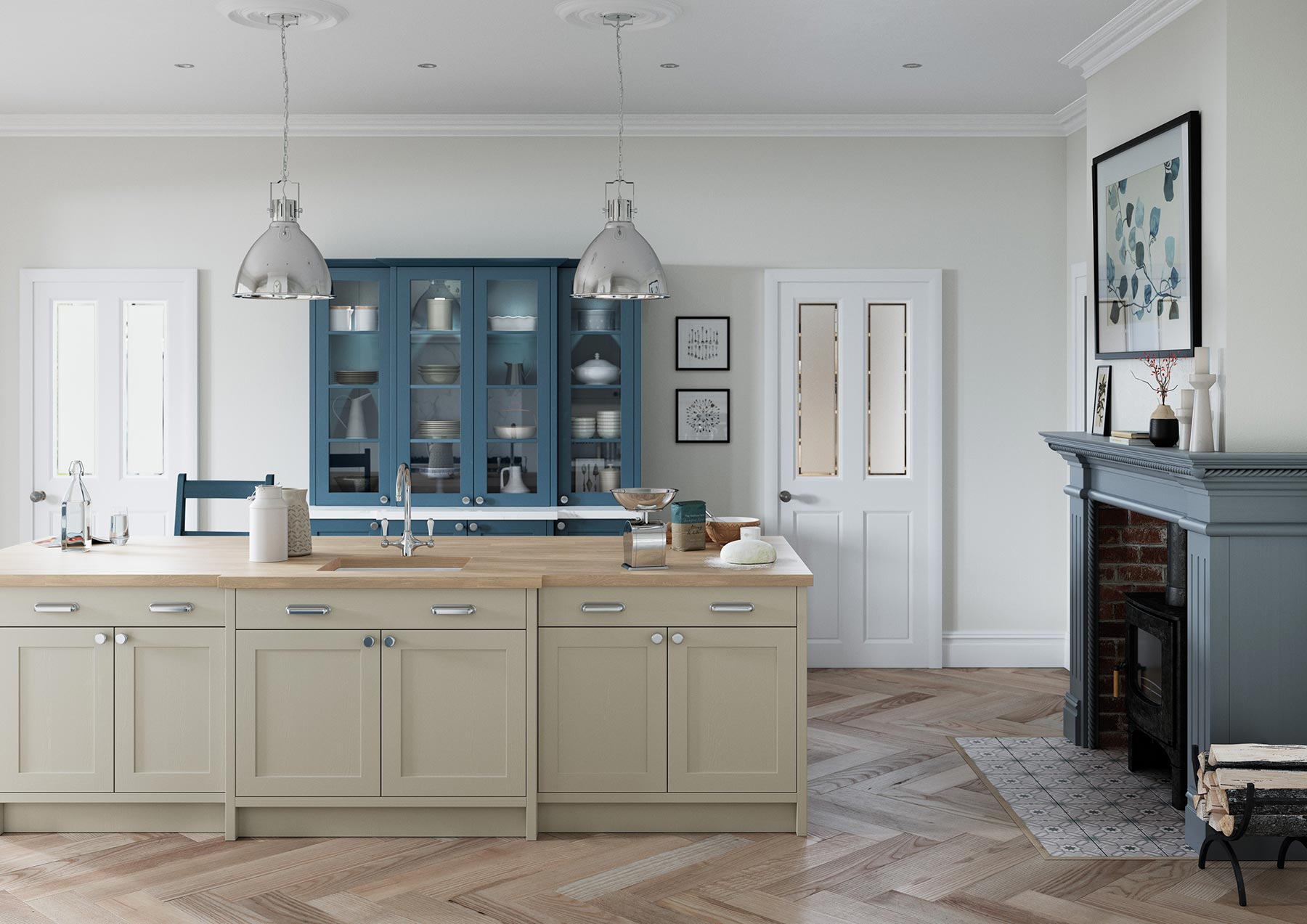 Skinny contemporary style shaker kitchen painted airforce blue and stone alternative 2