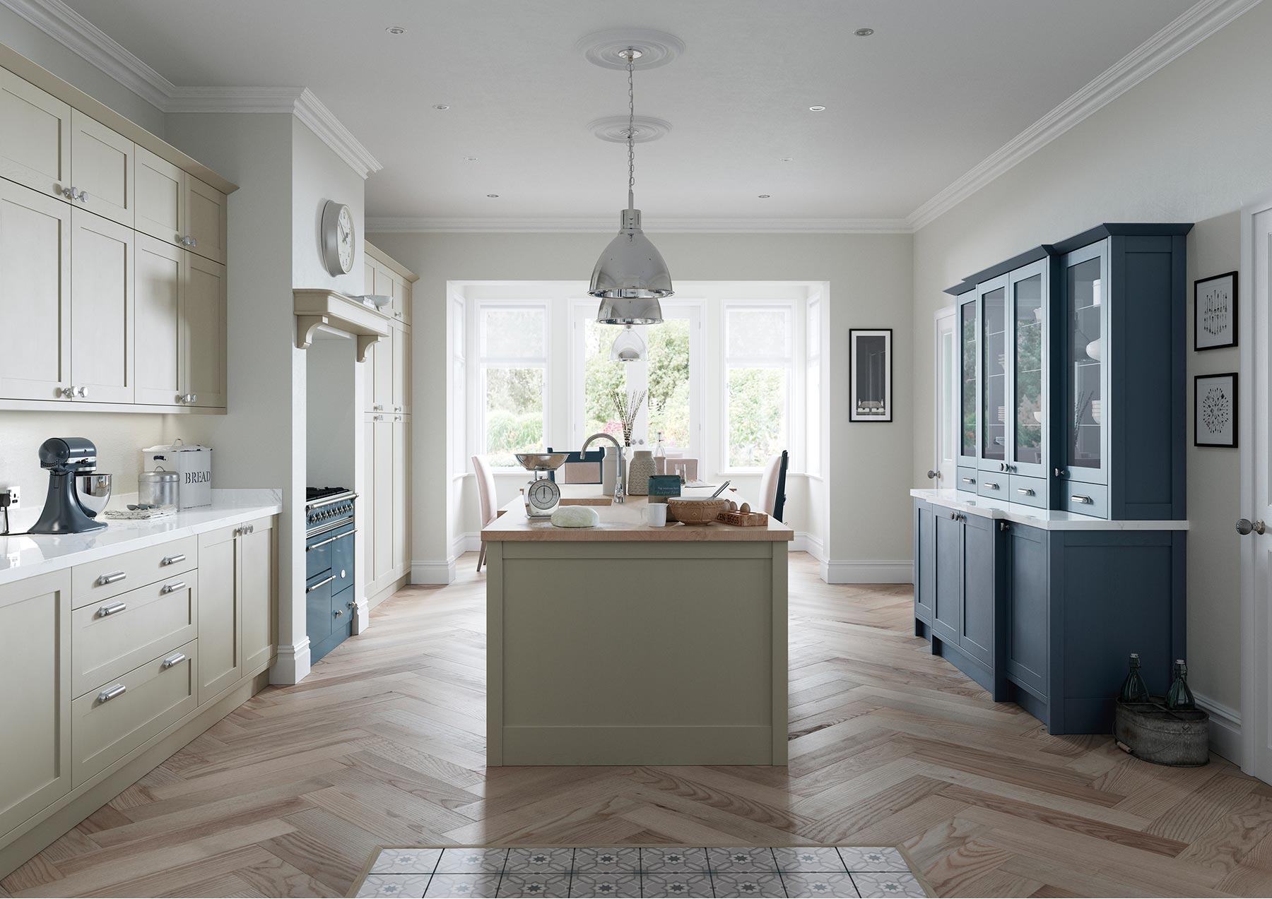 Skinny contemporary style shaker kitchen painted airforce blue and stone main