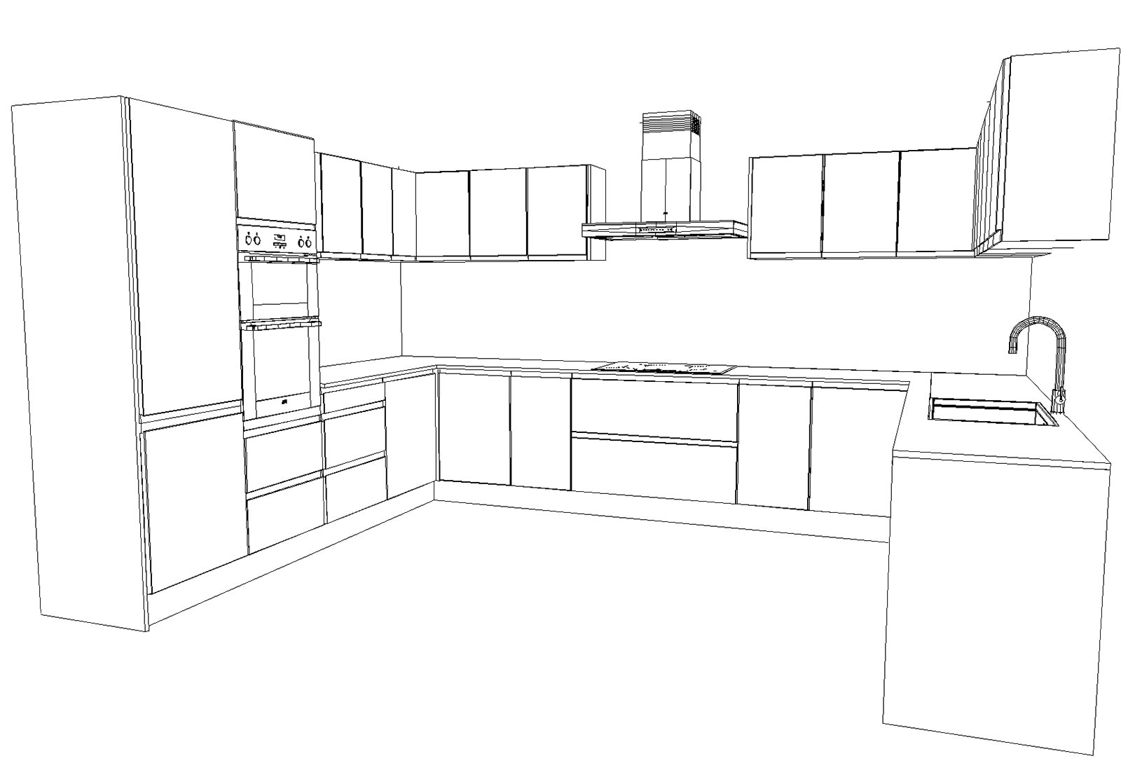 Line drawing of large modern style kitchen