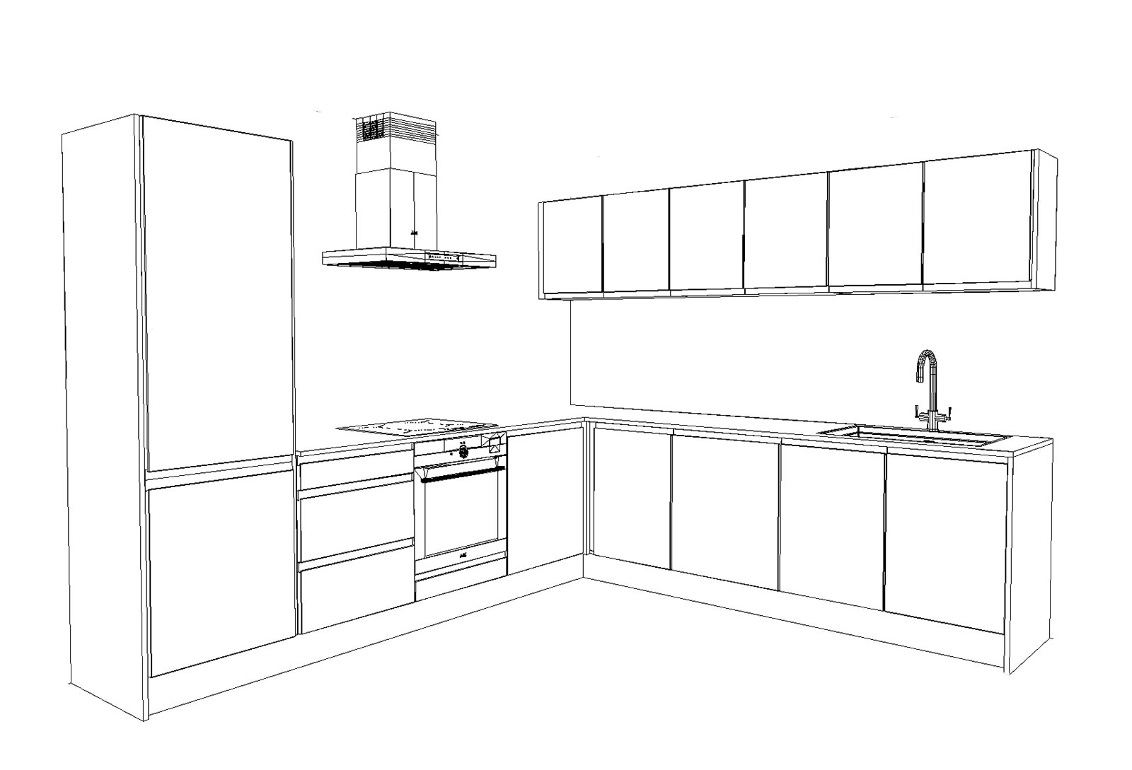 Line drawing of medium size modern style kitchen