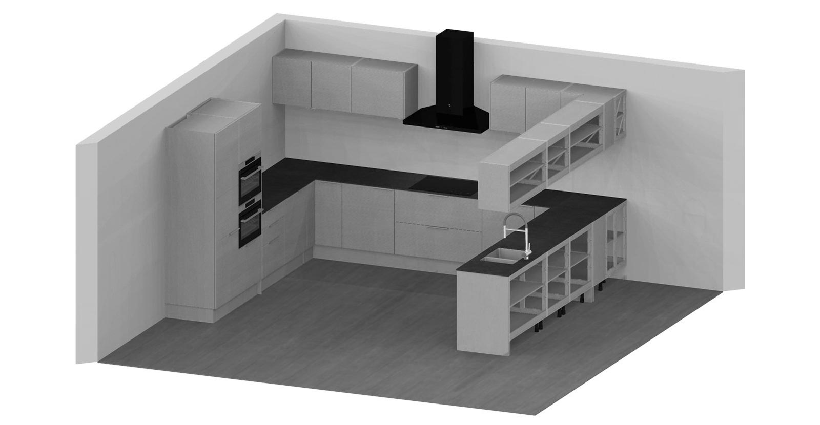 Default larger Miinus kitchen - black and white render