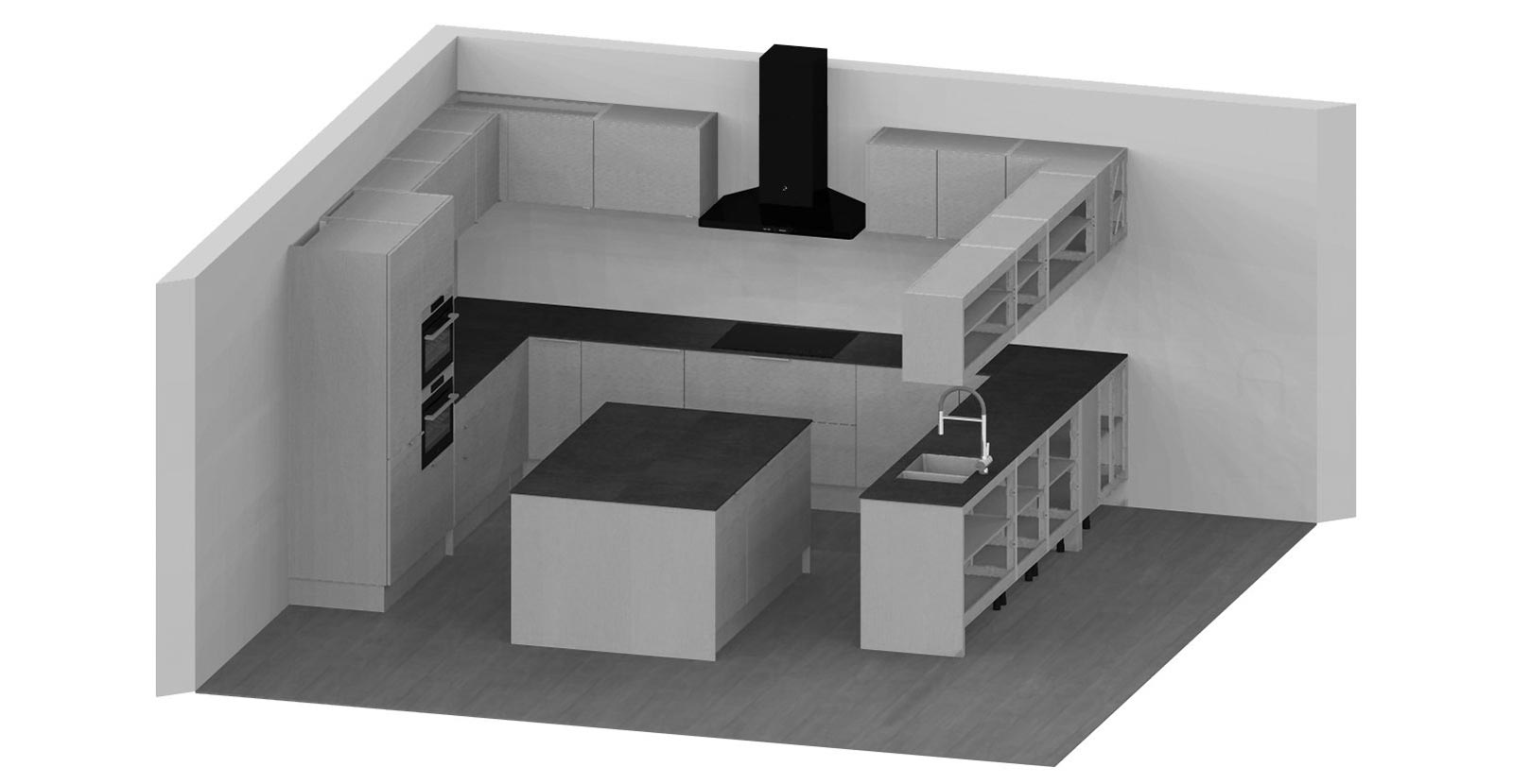 Default large Miinus kitchen with island - black and white render