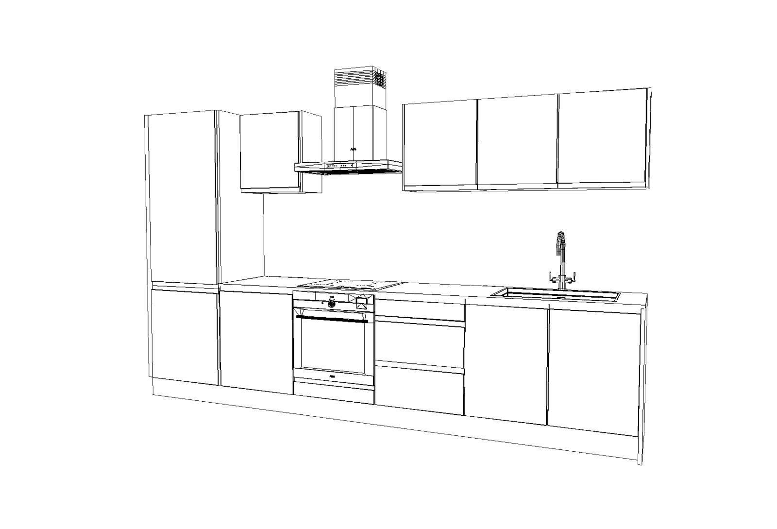 Line drawing of small modern kitchen