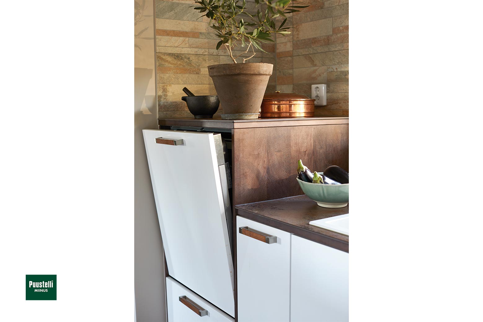 Puustelli Miinus ecological kitchen in white and lacquered dark brown birch veneer raised dishwahser