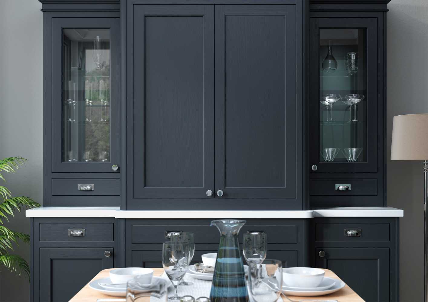 Inframe shaker style kitchen dresser painted slate blue