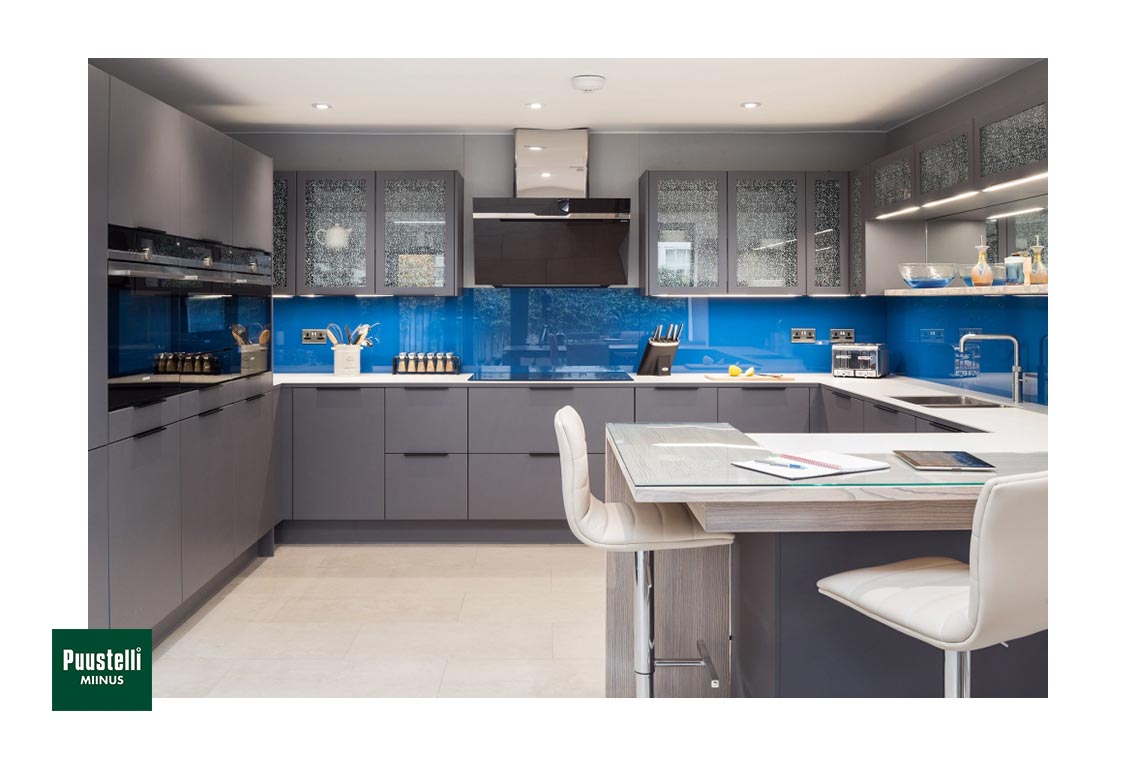 Puustelli Miinus eco-friendly kitchen with dove grey painted birch veneer doors blue splashback