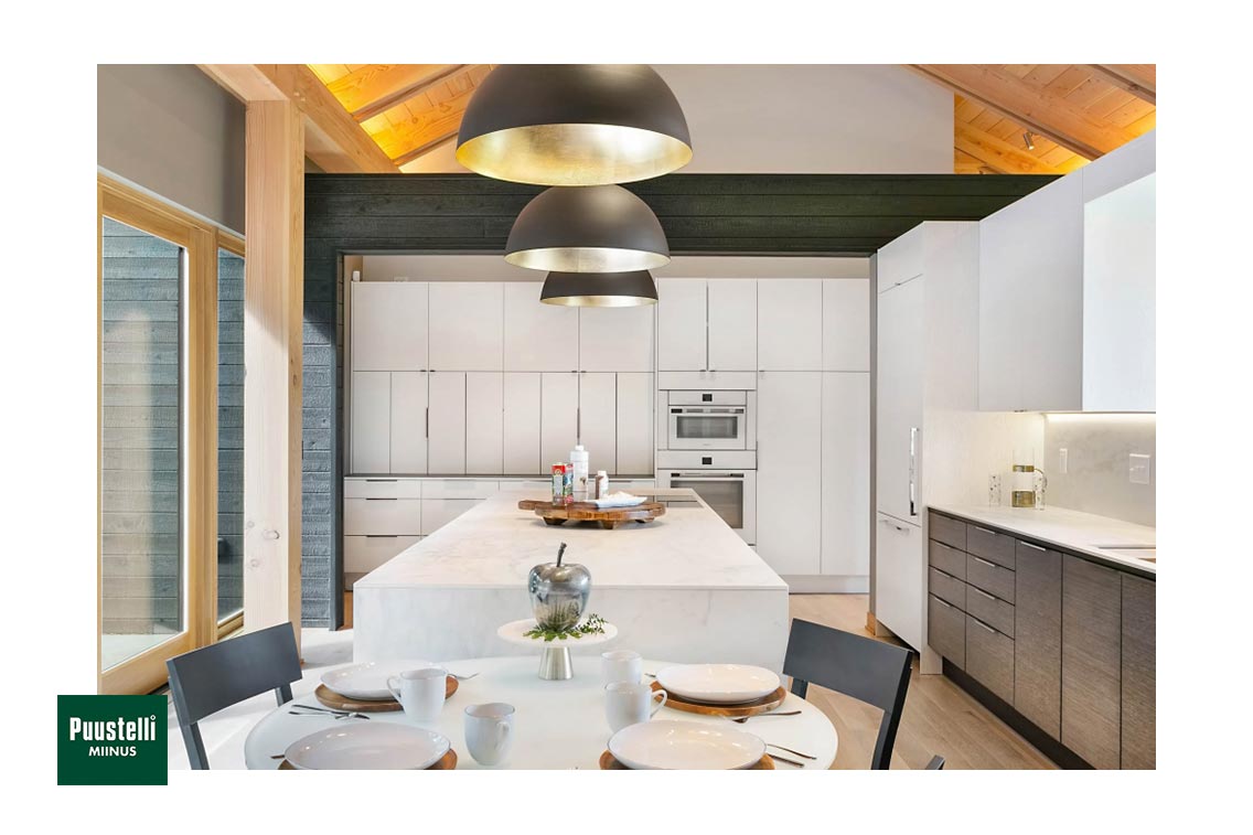 Puustelli Miinus eco-friendly kitchen white and wild grey birch veneer doors