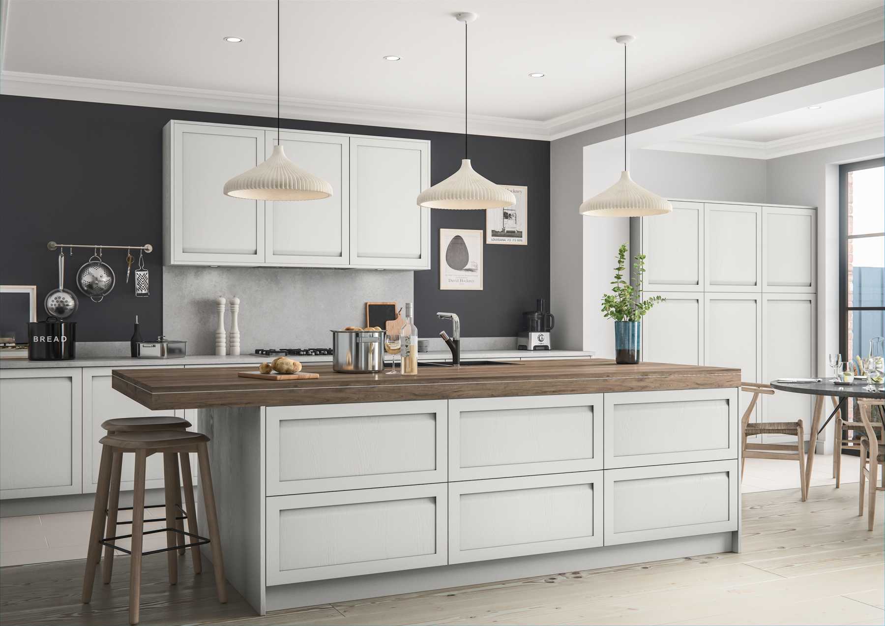 Contemporary handleless shaker style kitchen painted matte light grey