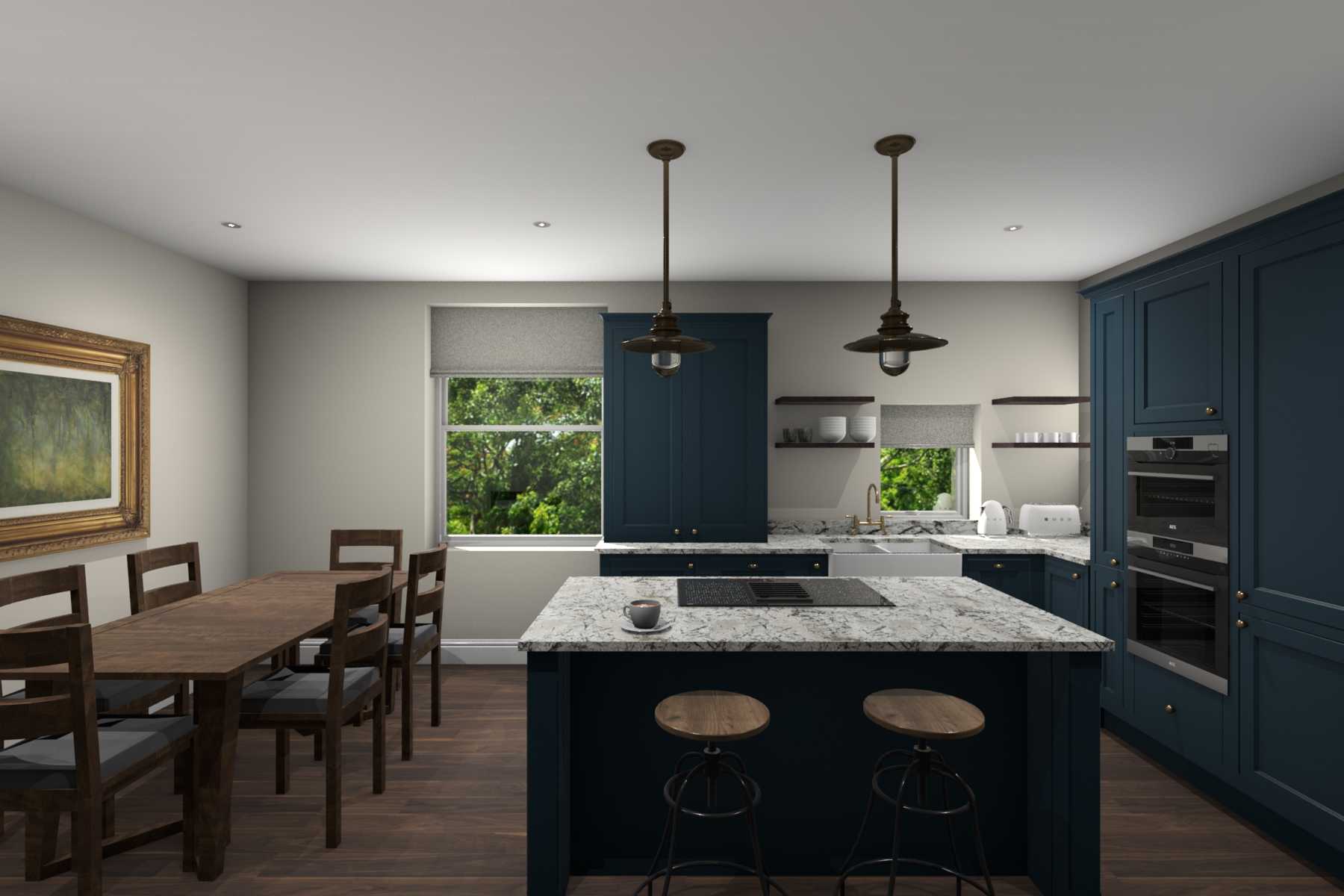 Inframe shaker style kitchen painted matte marine blue square on