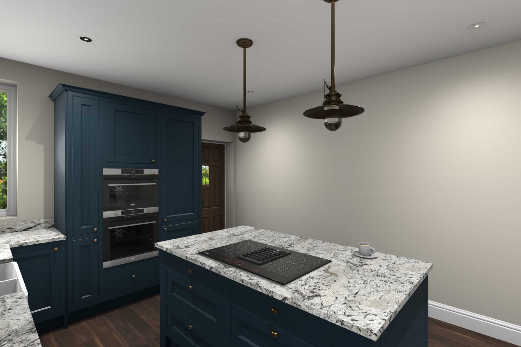 Inframe shaker style kitchen painted matte marine blue island