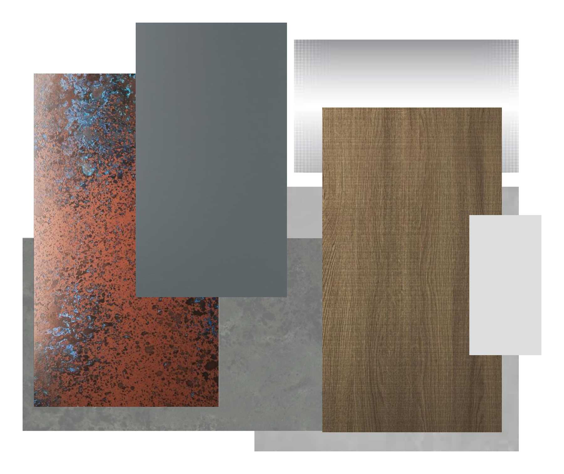 Oxidised copper and oak veneer moodboard