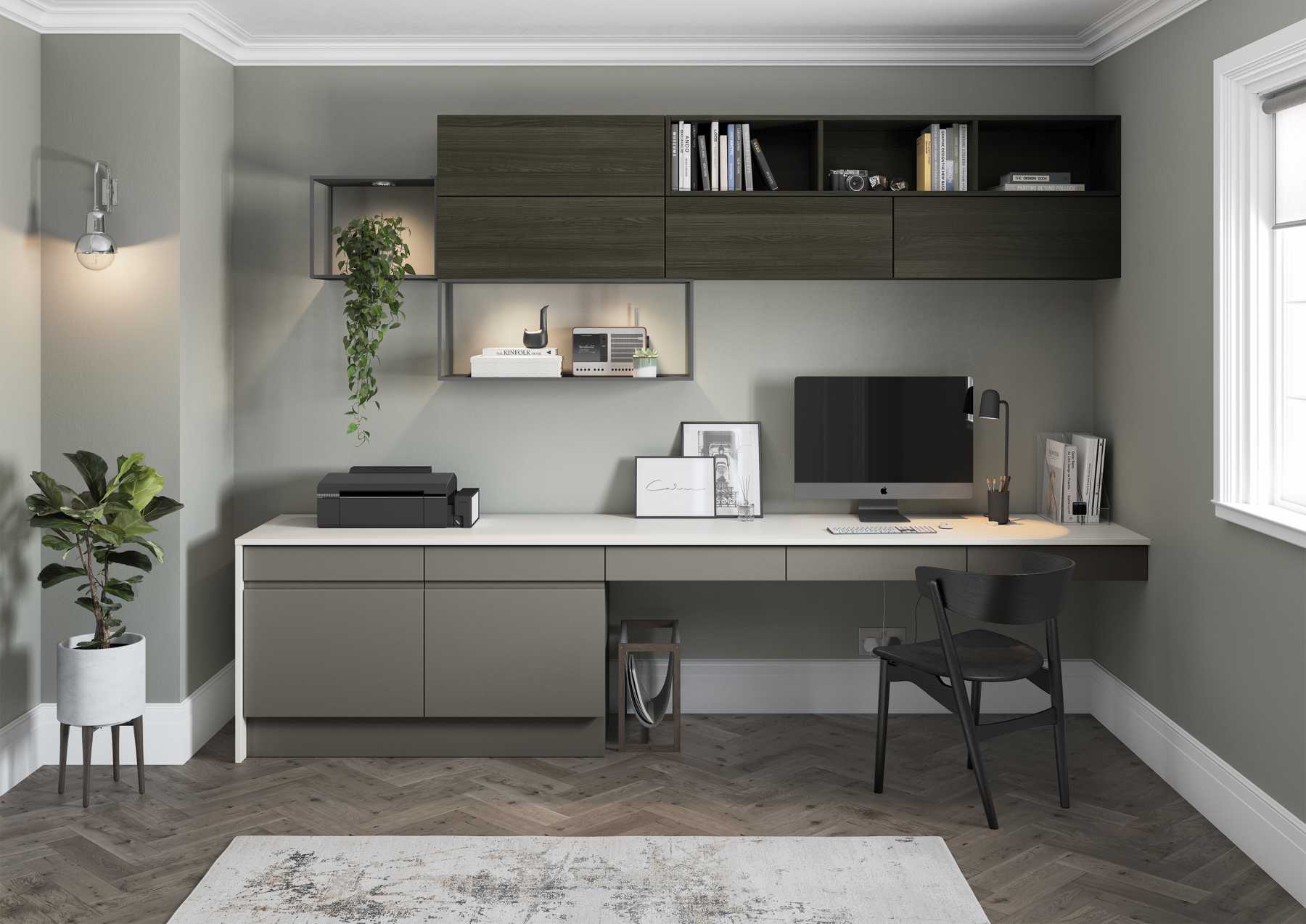 Handleless home office furniture in lava and oak stained veneer